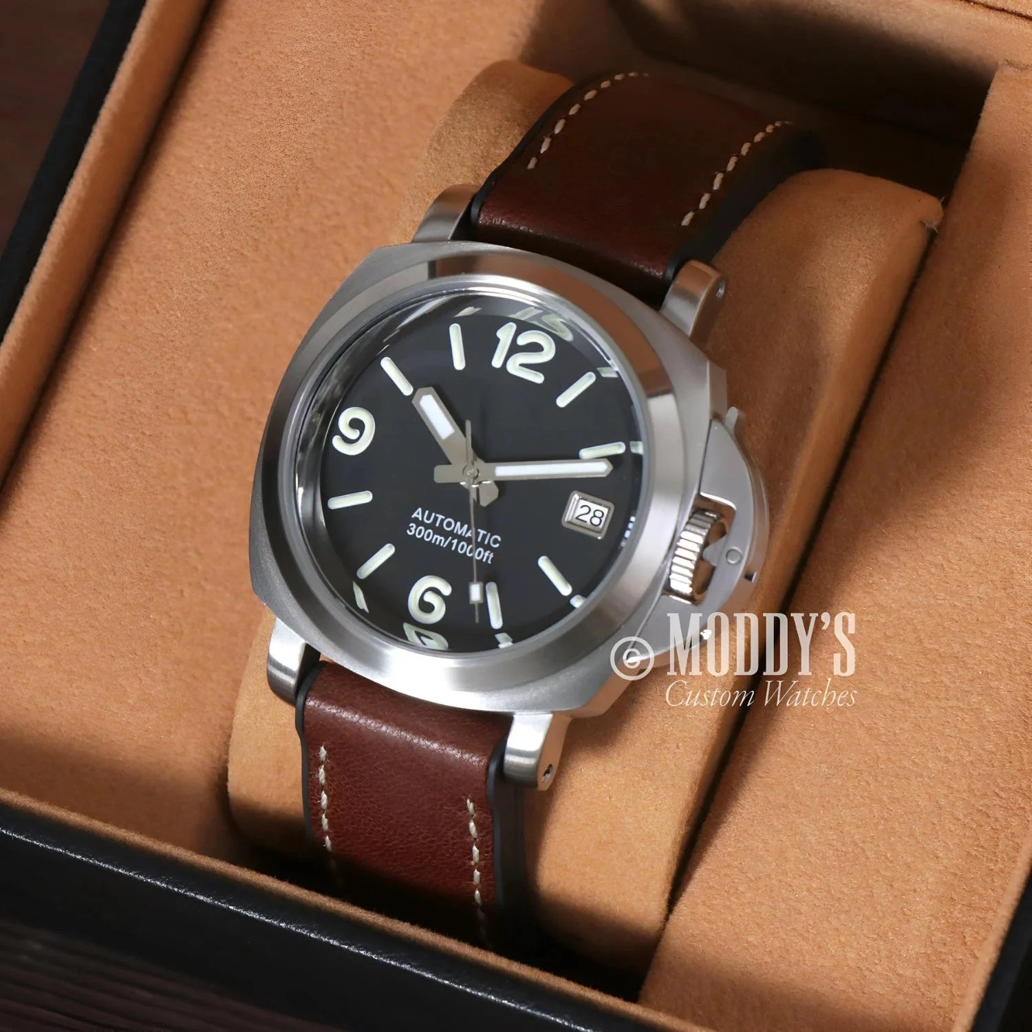 Silver-cased wristwatch with brown leather band featuring NH35 automatic movement