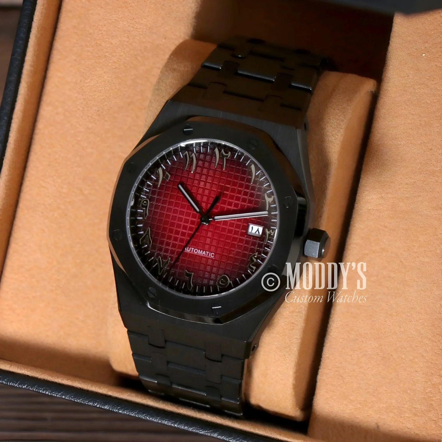 Black wristwatch with red face featuring NH35 automatic movement, Royal Seikoak design