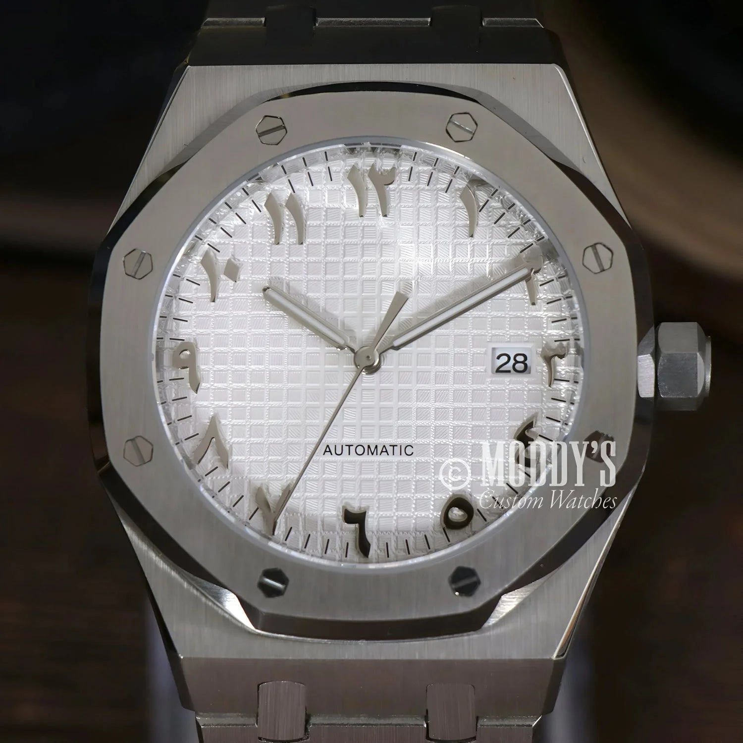 Silver wristwatch with Arabic numerals, Royal Seikoak, featuring Seiko NH35 automatic movement