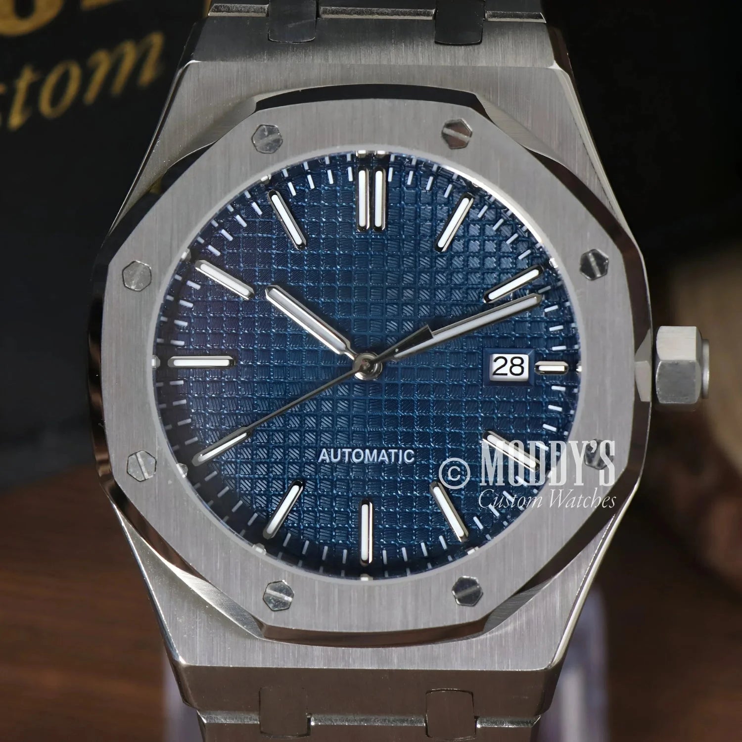 Silver-toned automatic wristwatch with blue waffle dial from Seiko Mod Royal