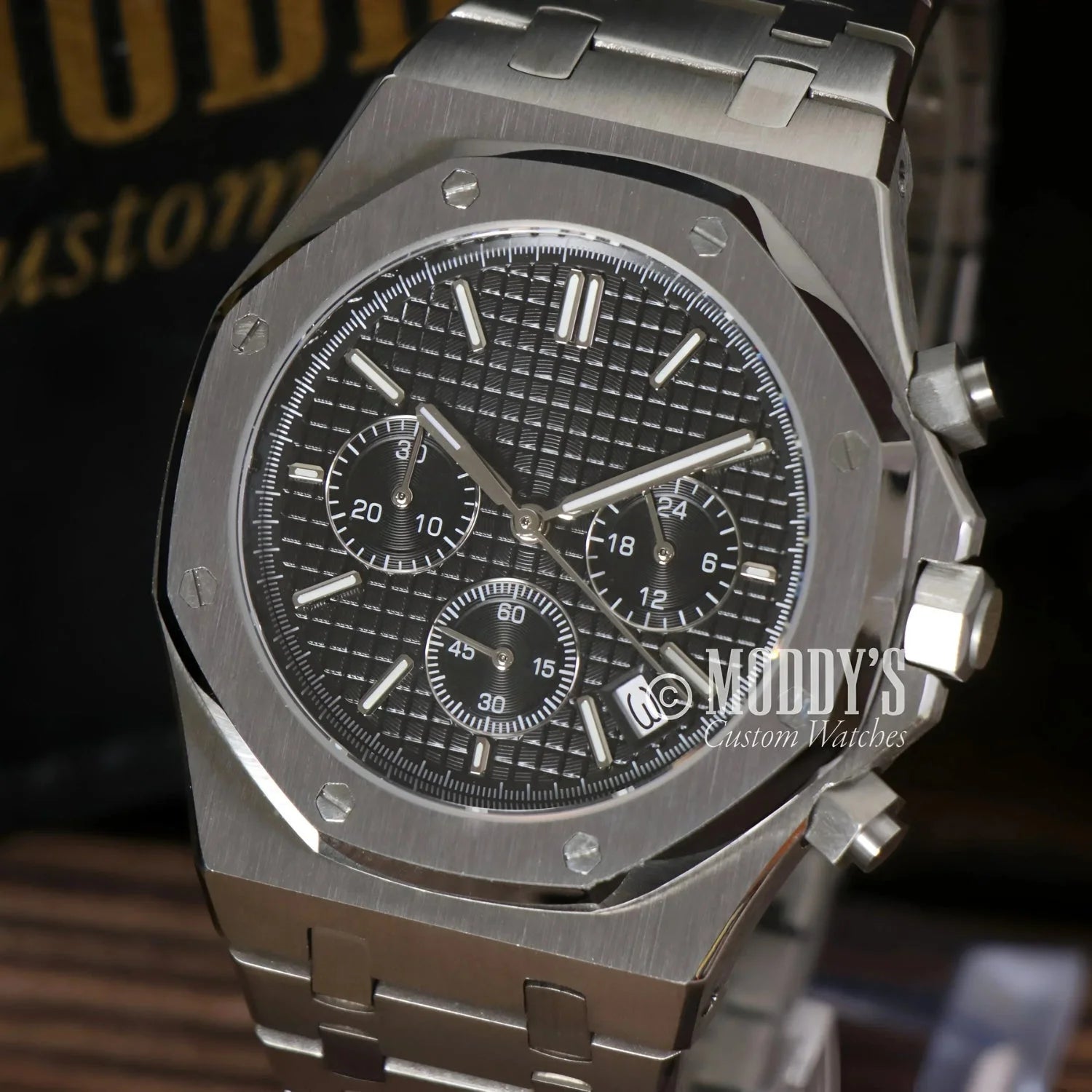 Silver chronograph wristwatch from Royal Seikoak featuring Seiko VK63 hybrid movement