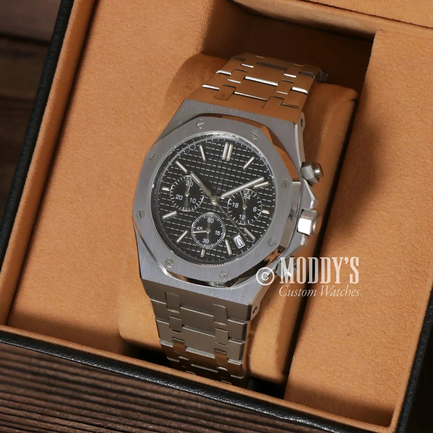 Silver chronograph wristwatch from Royal Seikoak featuring Seiko VK63 hybrid movement