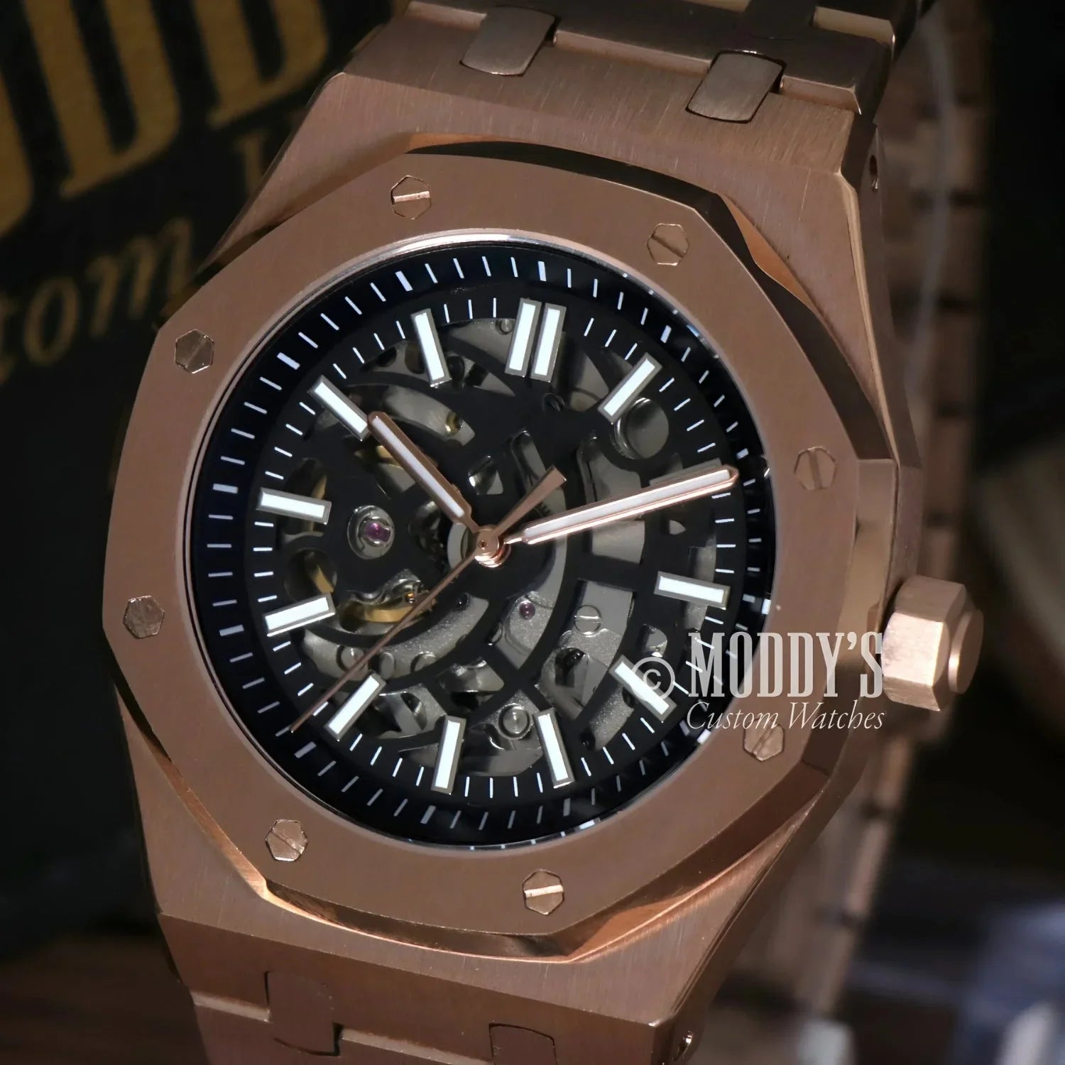 Rose Gold Skeleton Wristwatch from Royal Seikoak, a stunning Seiko Mod timepiece