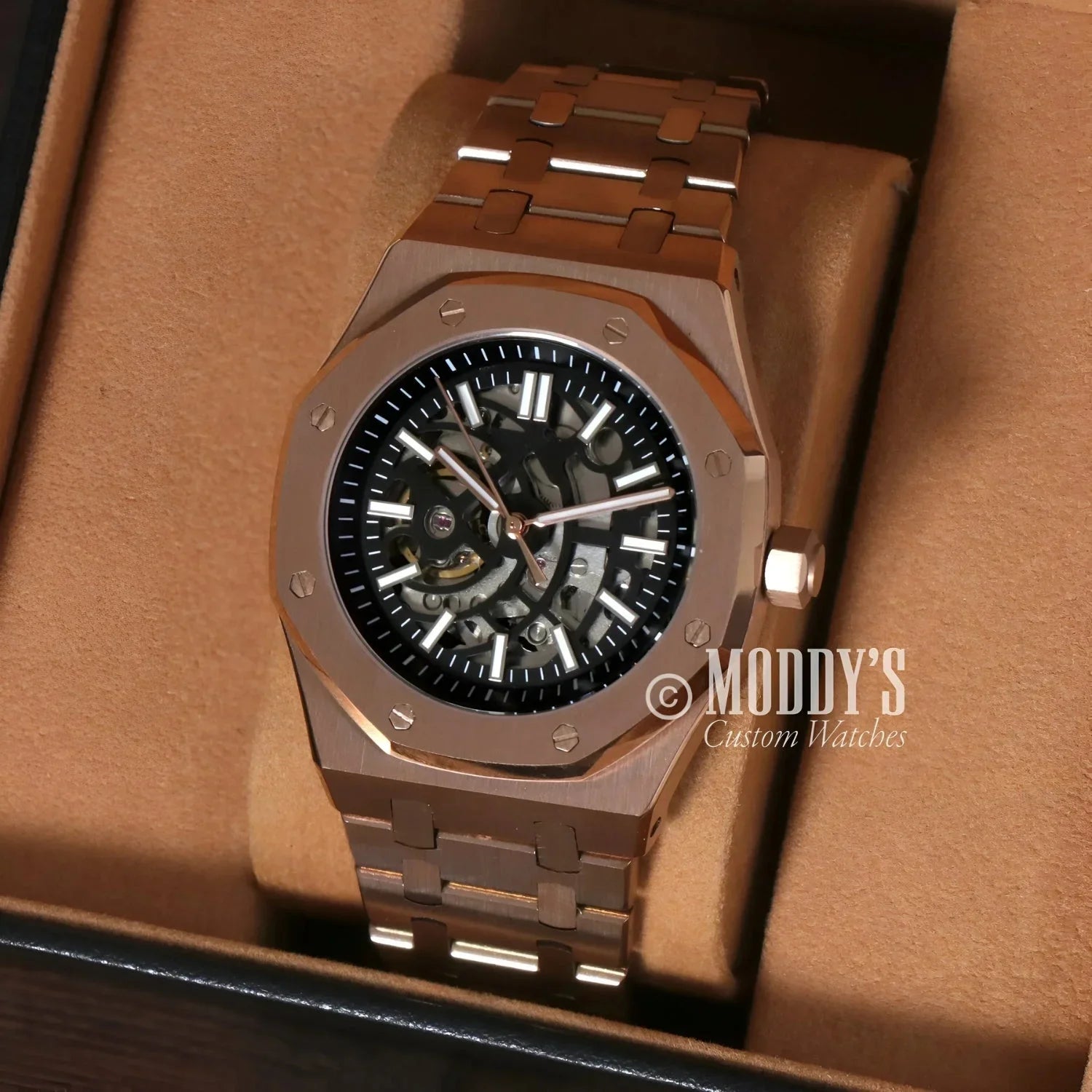 Rose Gold Skeleton Watch from Royal Seikoak, showcasing a stylish Royal Oak design