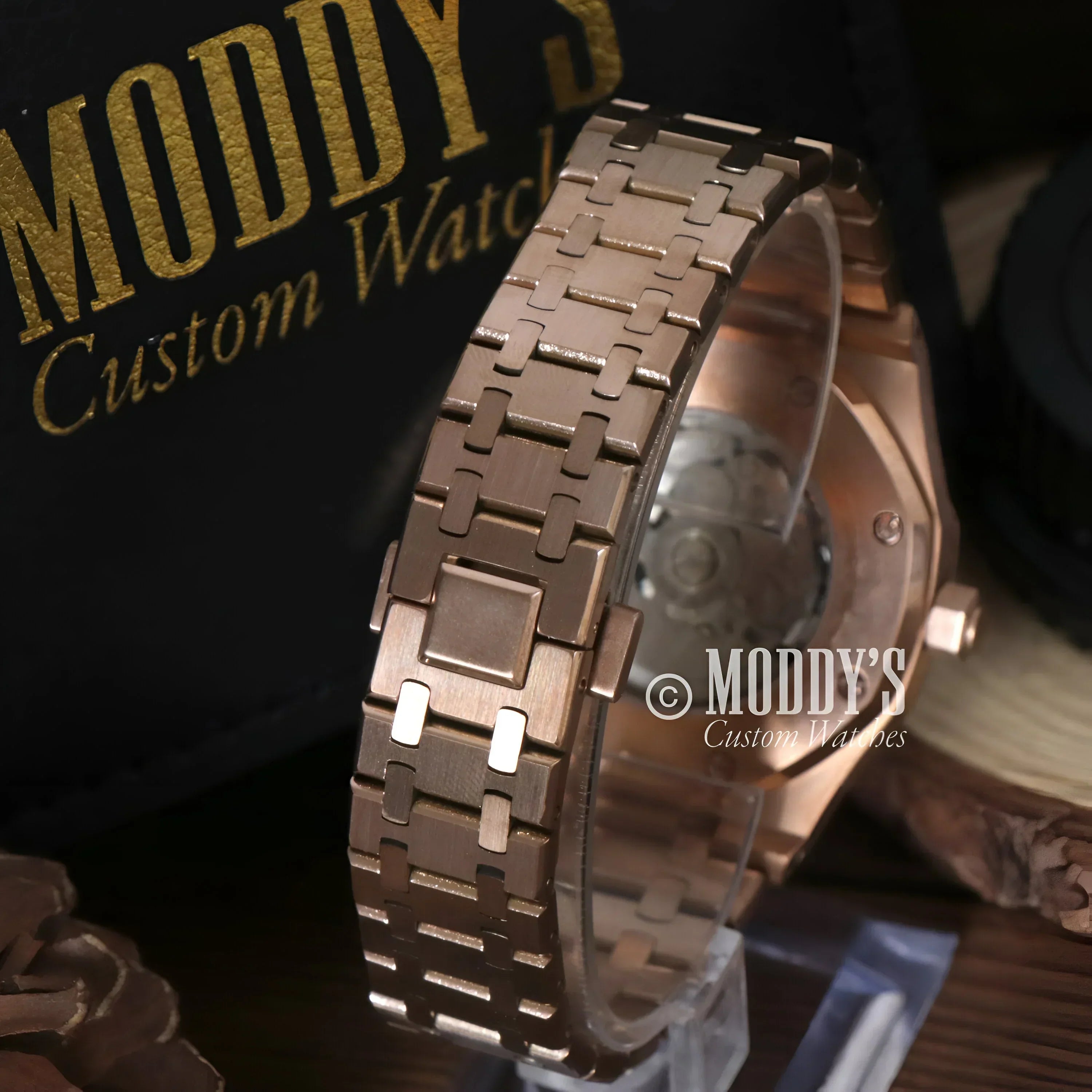 Rose Gold Skeleton watch with linked band from Royal Seikoak, inspired by Royal Oak design