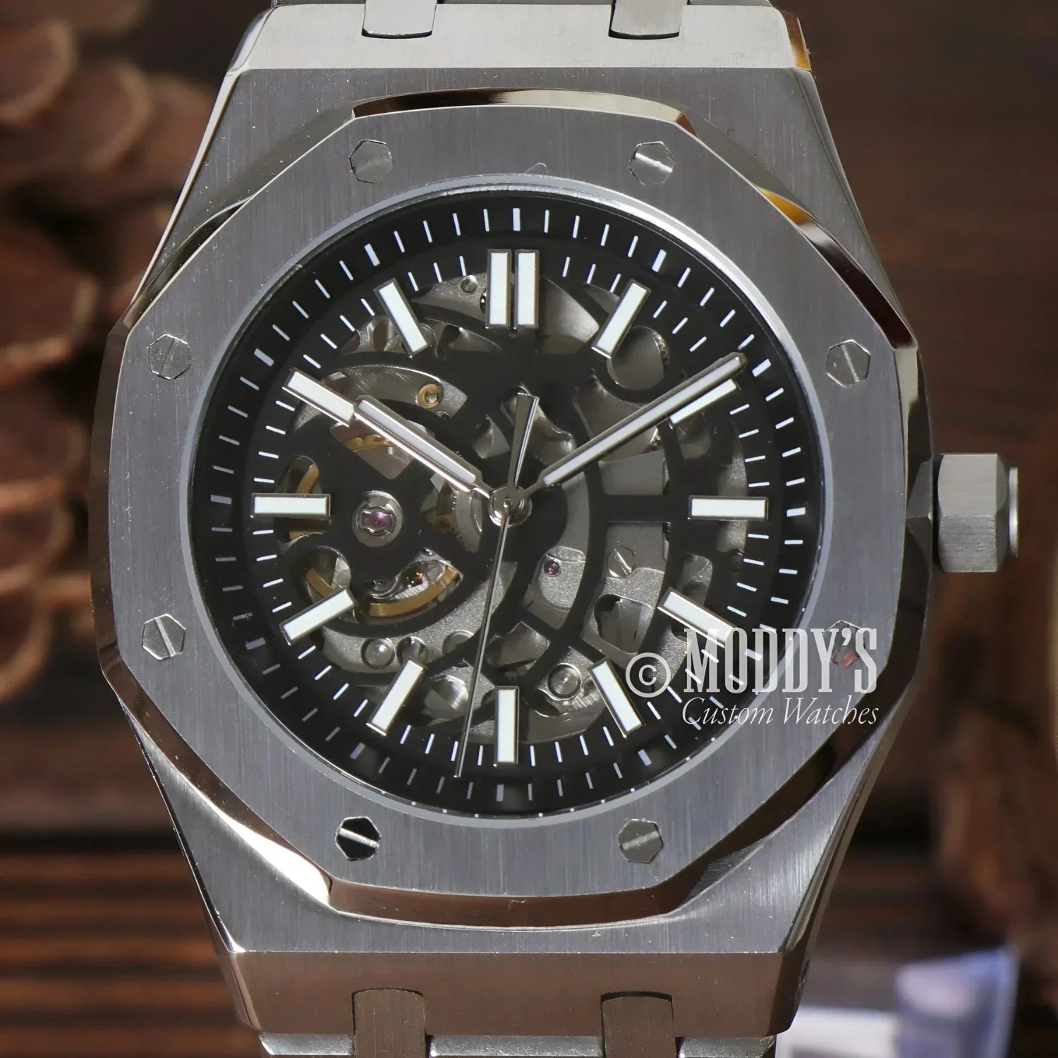 Silver Skeletonized Wristwatch from Royal Seikoak featuring Seiko NH70 Automatic movement