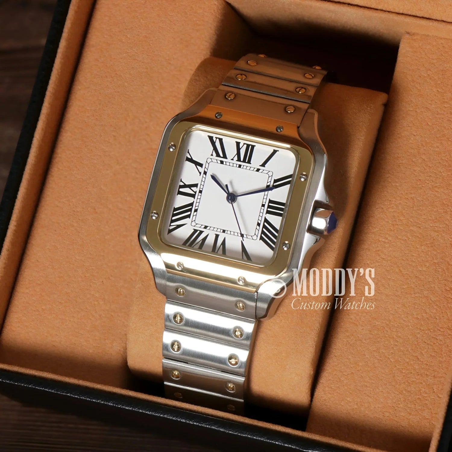 Silver and gold square-faced wristwatch with Seiko NH35 automatic movement in Santeiko Gold-Silver