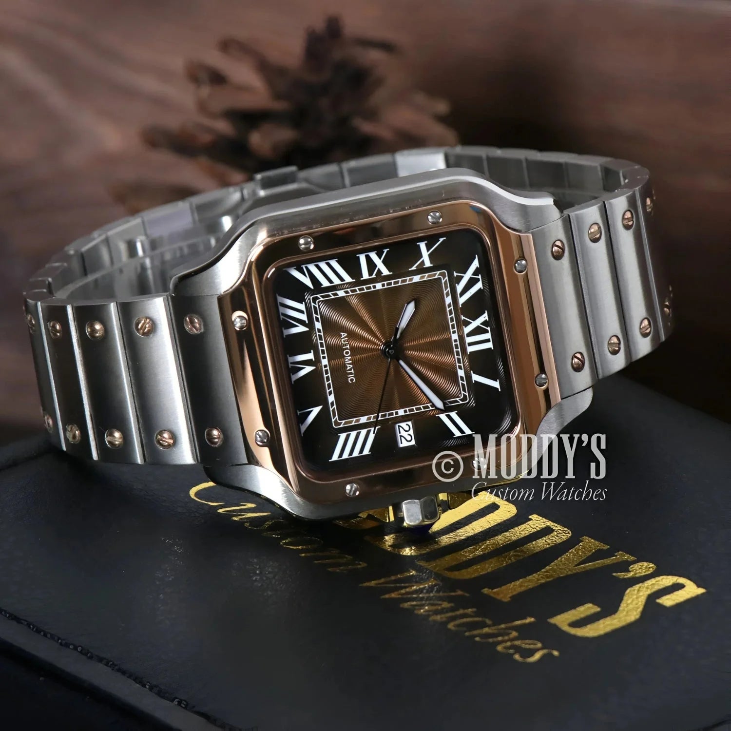Silver and gold square wristwatch with Seiko NH35 automatic movement from Santeiko