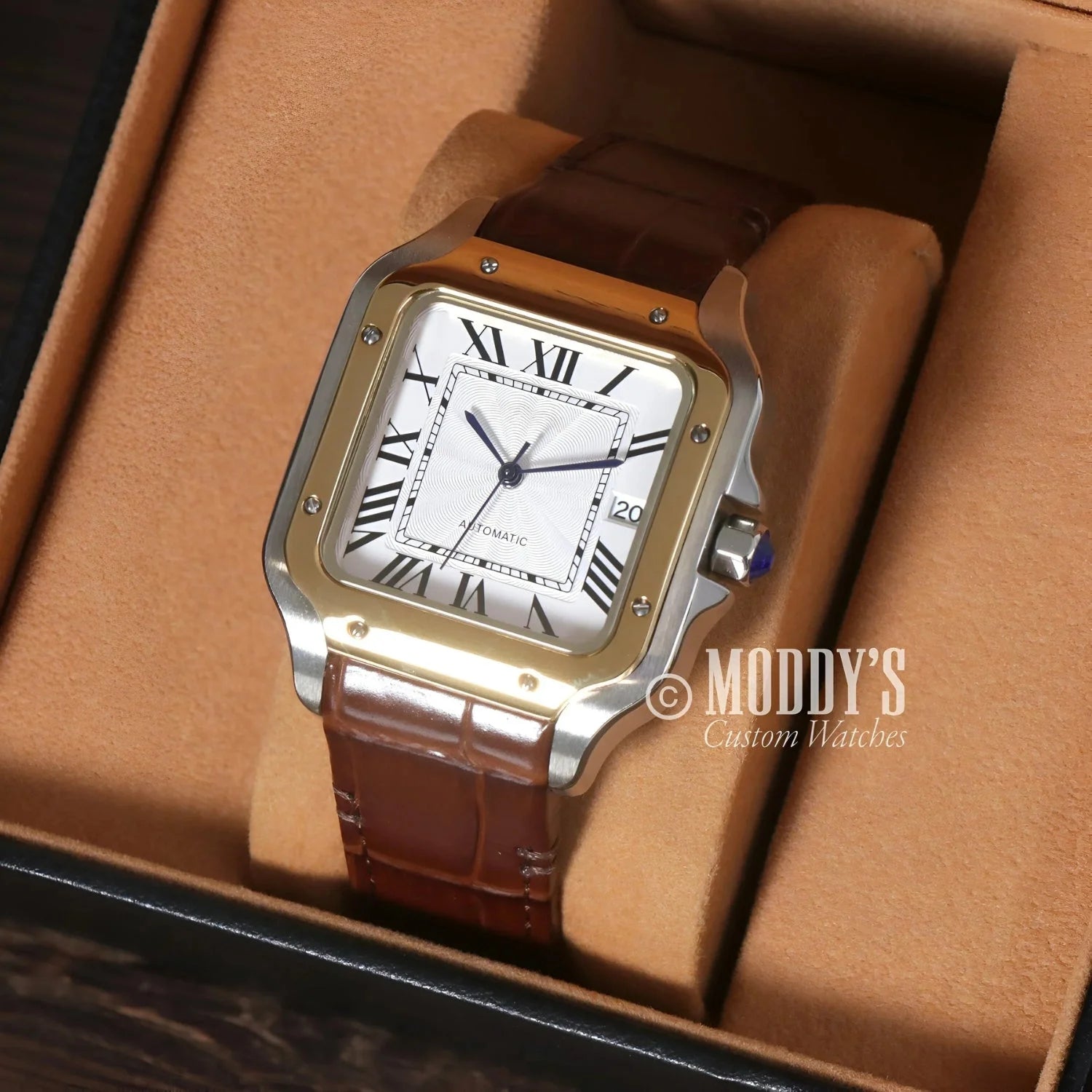 Two-tone square wristwatch with brown leather band, featuring NH35 automatic movement