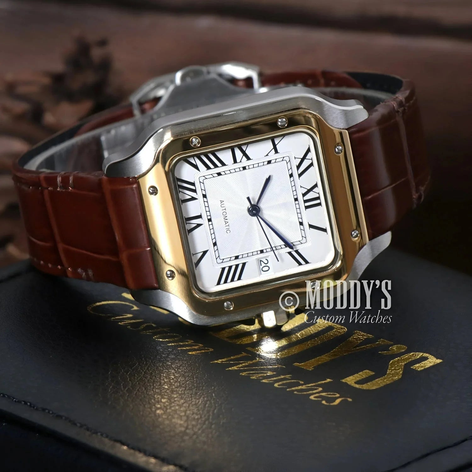 Gold and silver Santeiko wristwatch with brown leather band and NH35 automatic movement