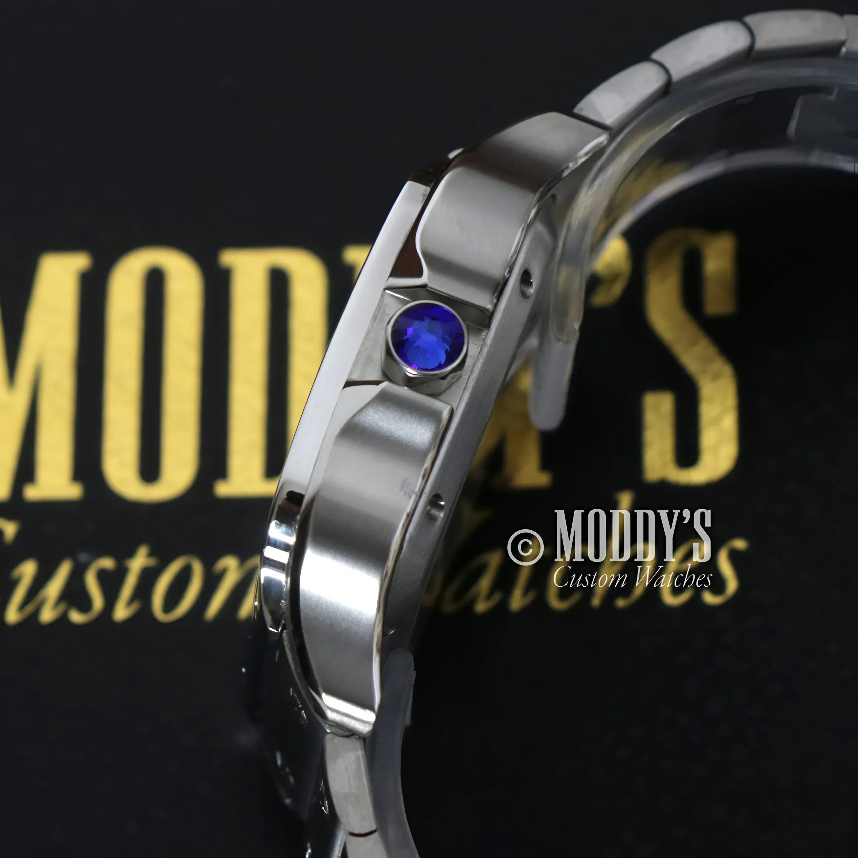 Silver wristwatch with blue jewel Santeiko White Skeleton Seiko mod Santos NH70 movement