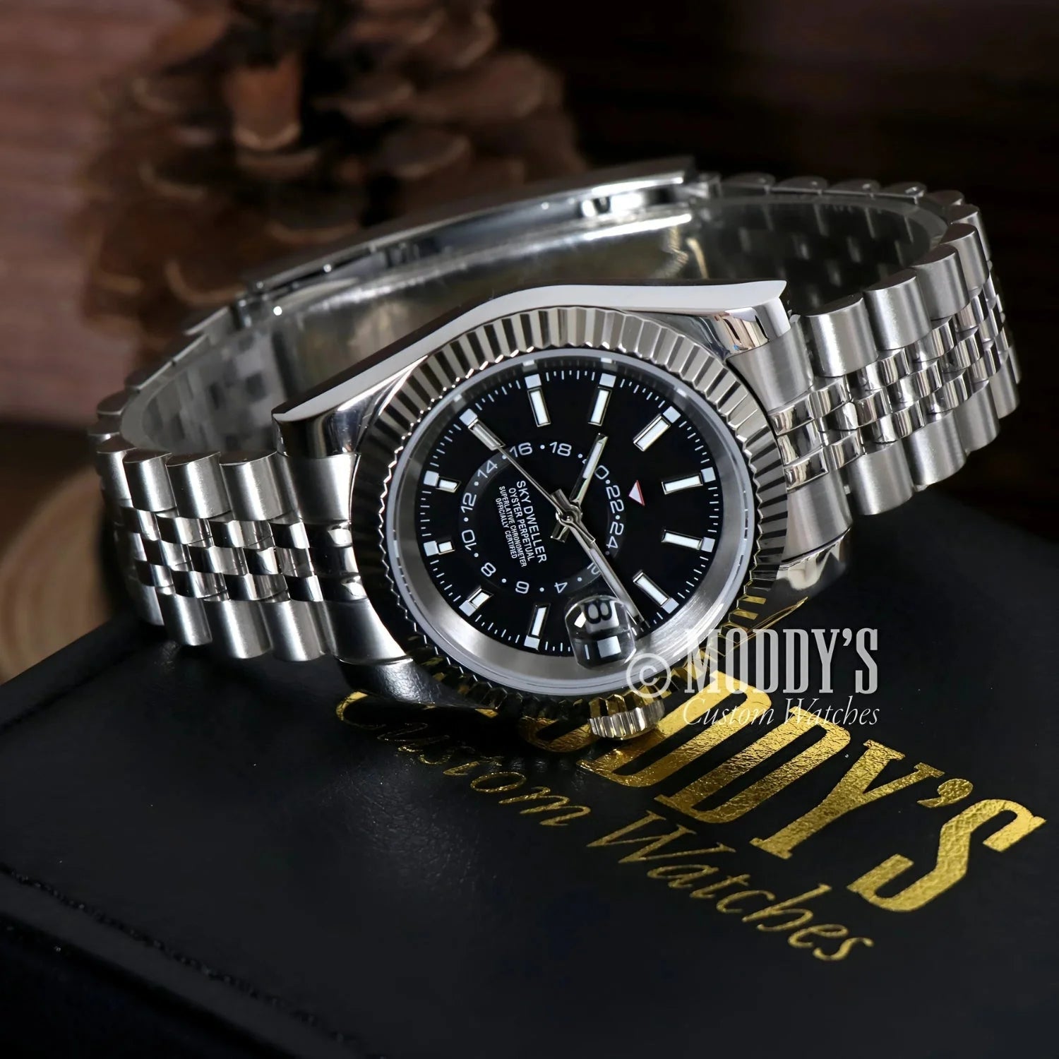 Silver Seikojust Sky Dweller Black wristwatch with black face and 316L stainless steel