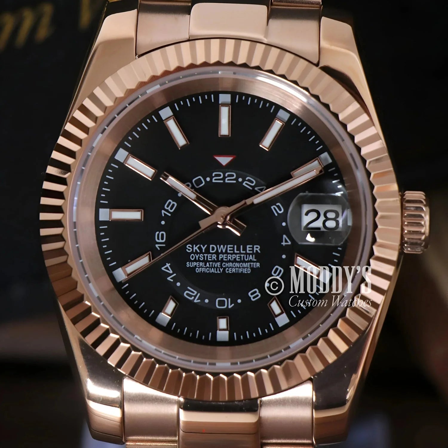 Rose Gold Rolex Sky-Dweller watch from Seikojust showcasing Seiko NH35 automatic movement
