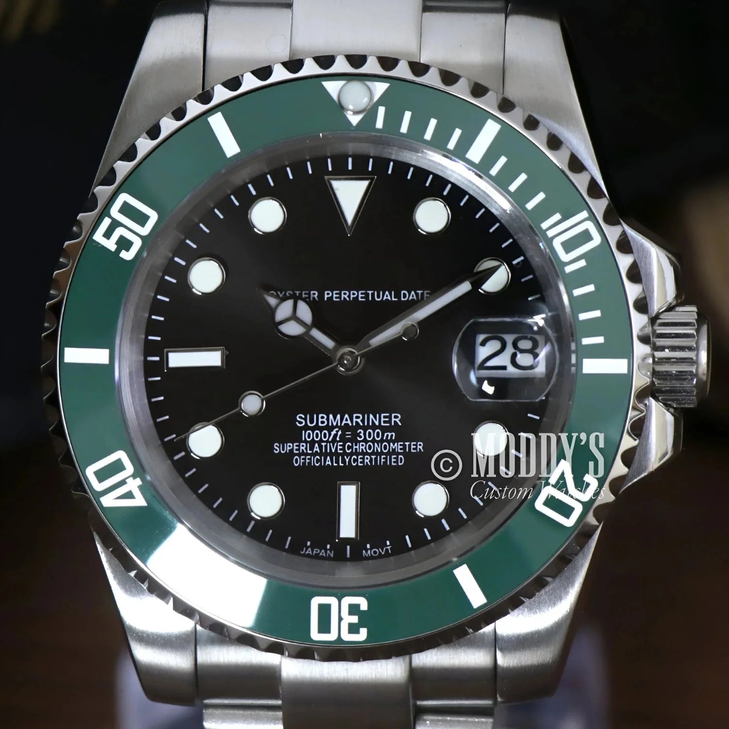Silver and green Submariner wristwatch Seikomariner Kermit Seiko mod submariner design
