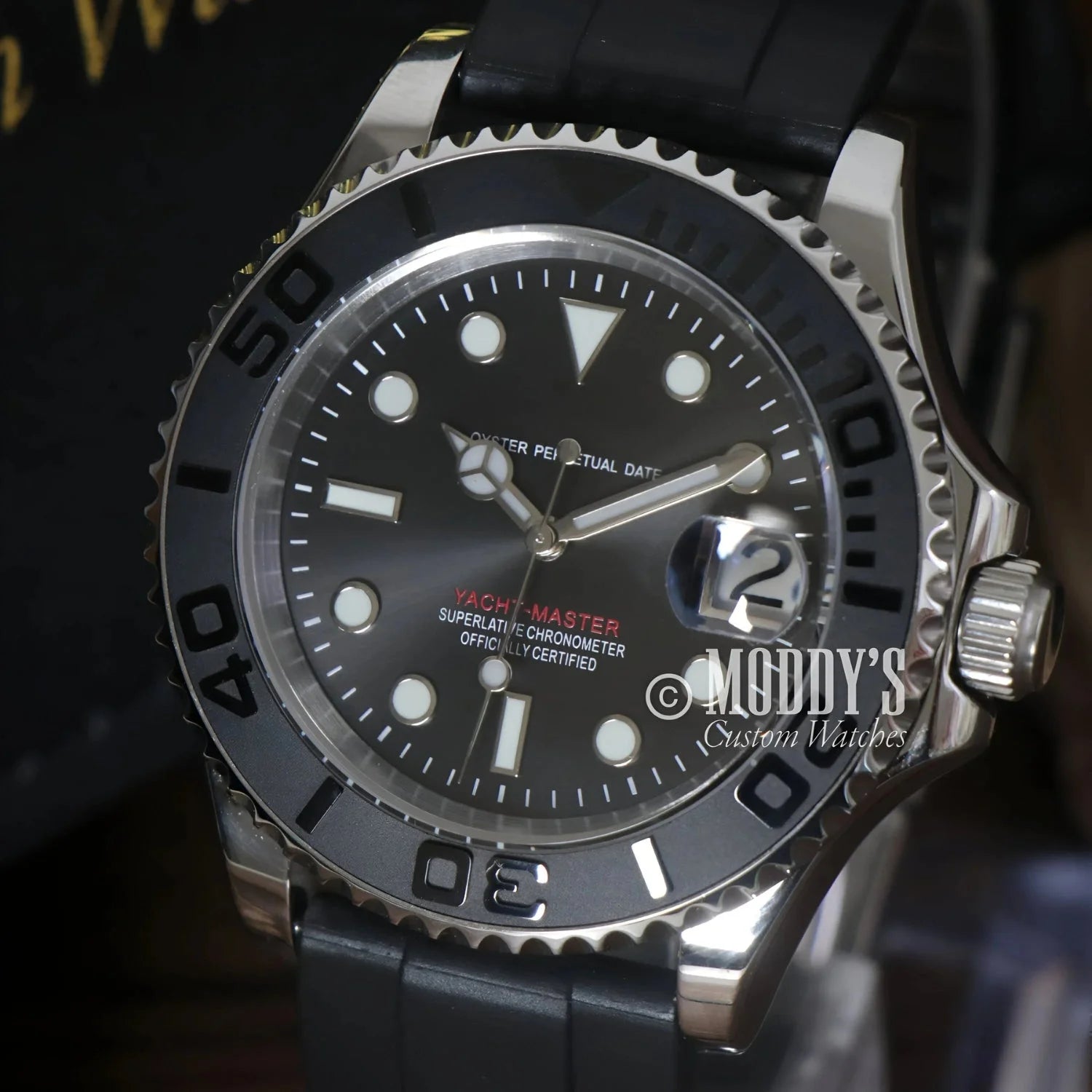 Black and silver Seikomariner wristwatch with NH35 automatic movement, iconic Yacht-Master design