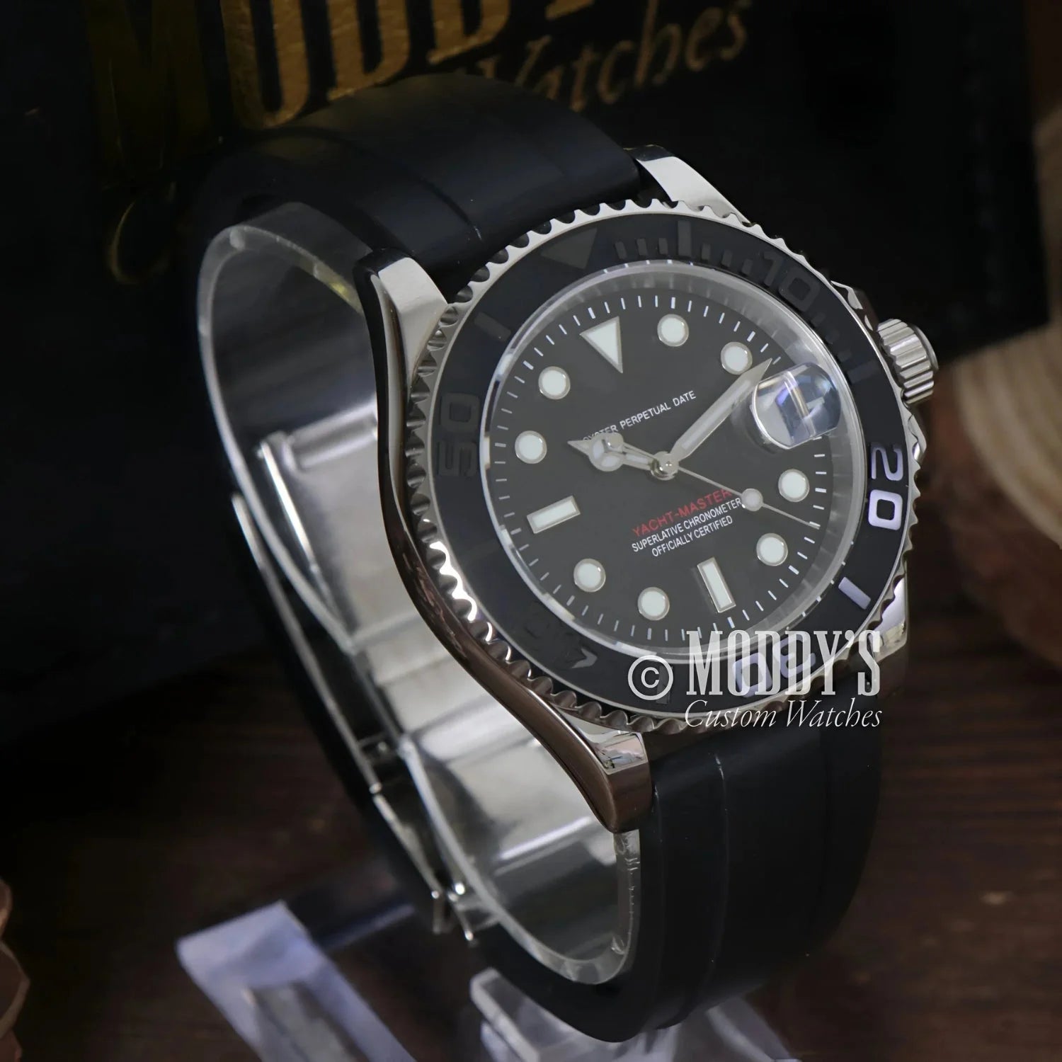 Black-dial wristwatch with black band featuring Seiko NH35 automatic movement design