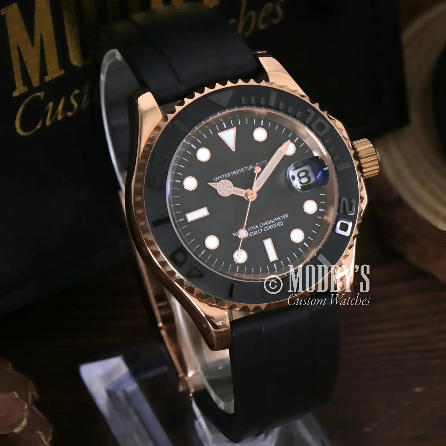 Rose gold Seiko mod wristwatch with black band and NH35 automatic movement