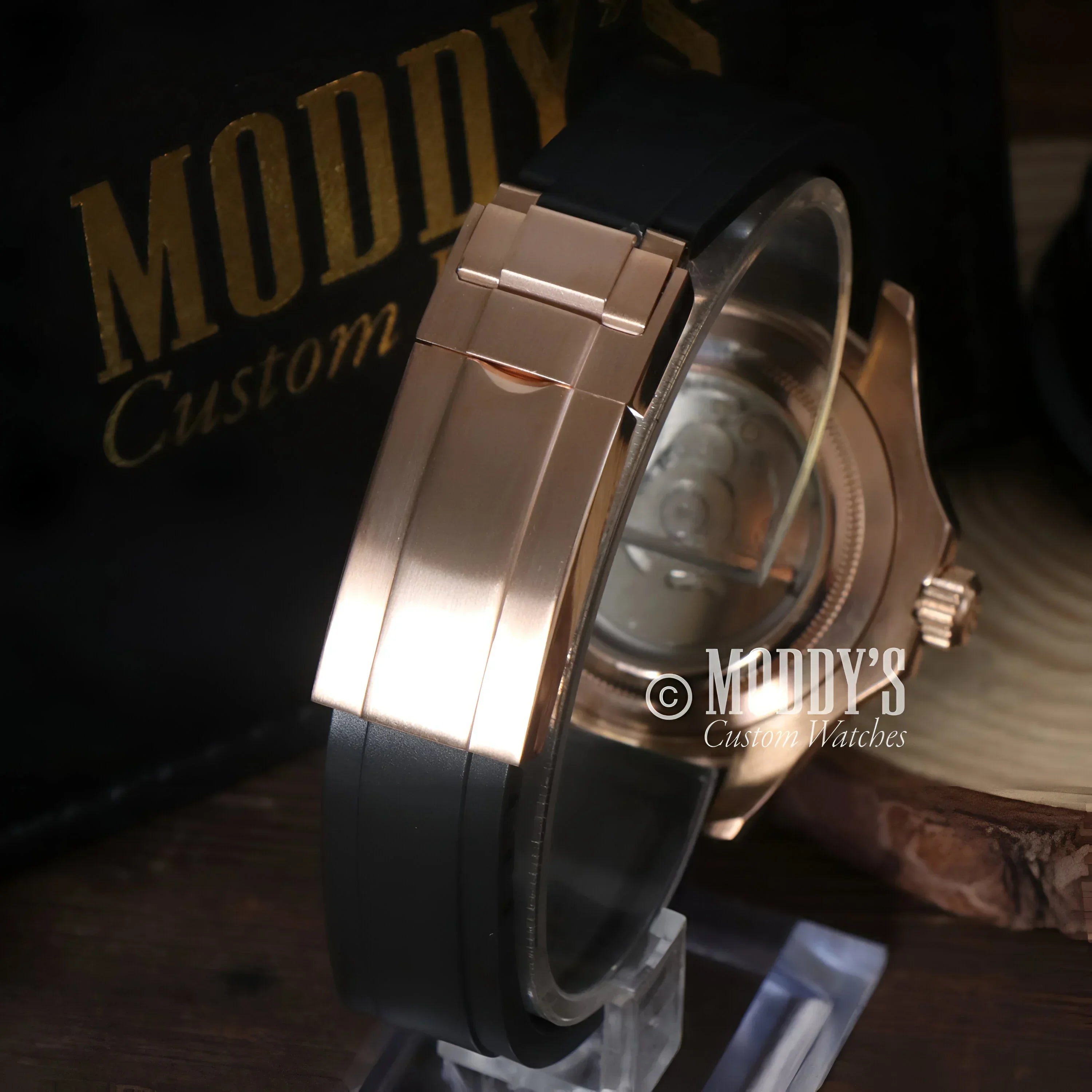 Rose gold wristwatch with black band featuring NH35 automatic movement and Seiko mod design