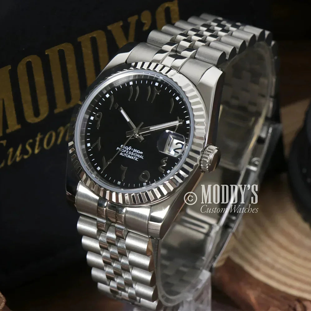 Silver Seikojust Black Arabic wristwatch with NH35 automatic movement and 904L stainless steel