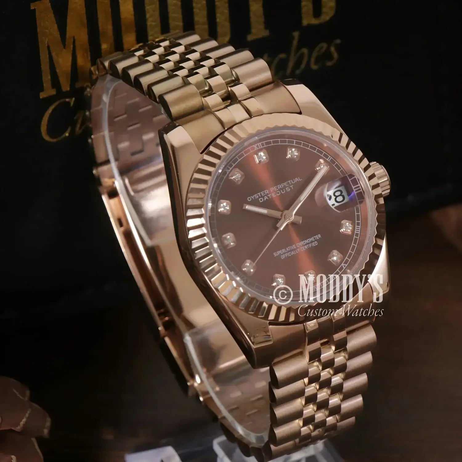 Rose Gold Rolex watch with diamond markers, Seiko Mod inspired design