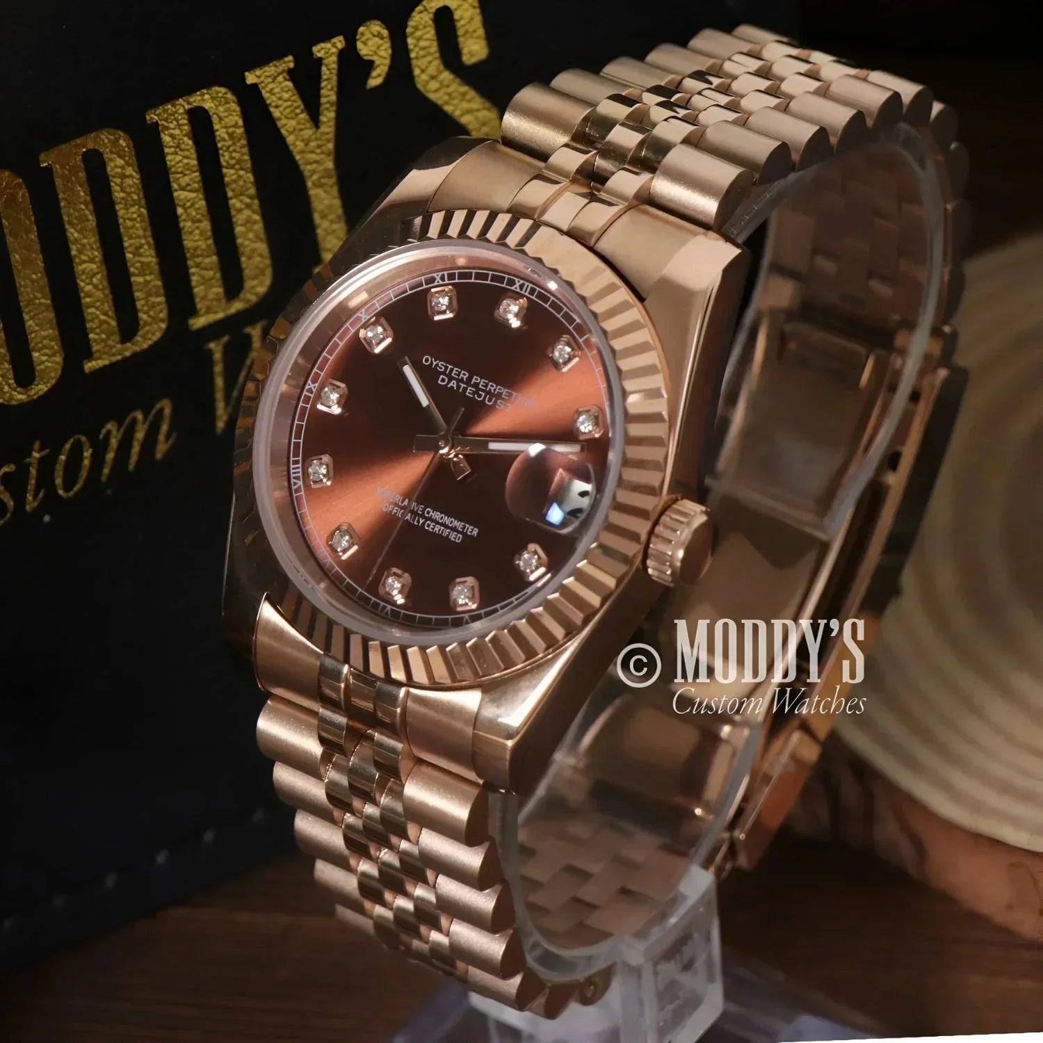 Rose Gold Rolex Datejust watch in Seikojust mod with Chocolate Crystals and NH35 automatic