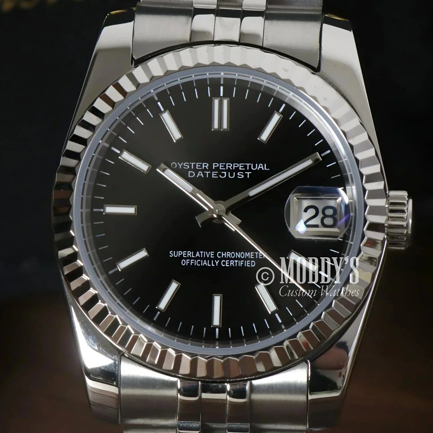 Silver Rolex Datejust wristwatch in Seikojust Classic Black with Seiko NH35 automatic movement