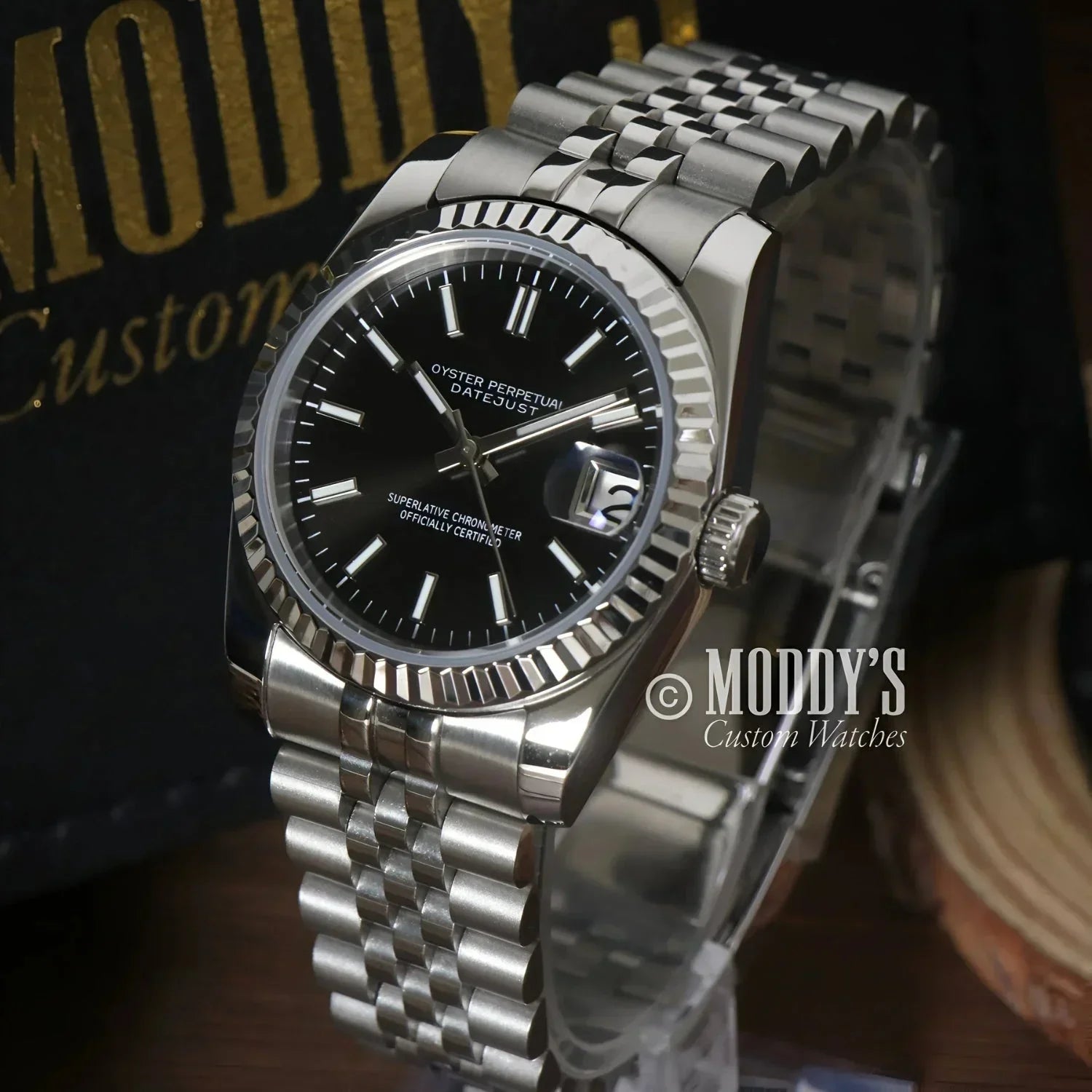 Silver Rolex Oyster Perpetual Datejust in Seikojust Classic Black with Seiko NH35 automatic