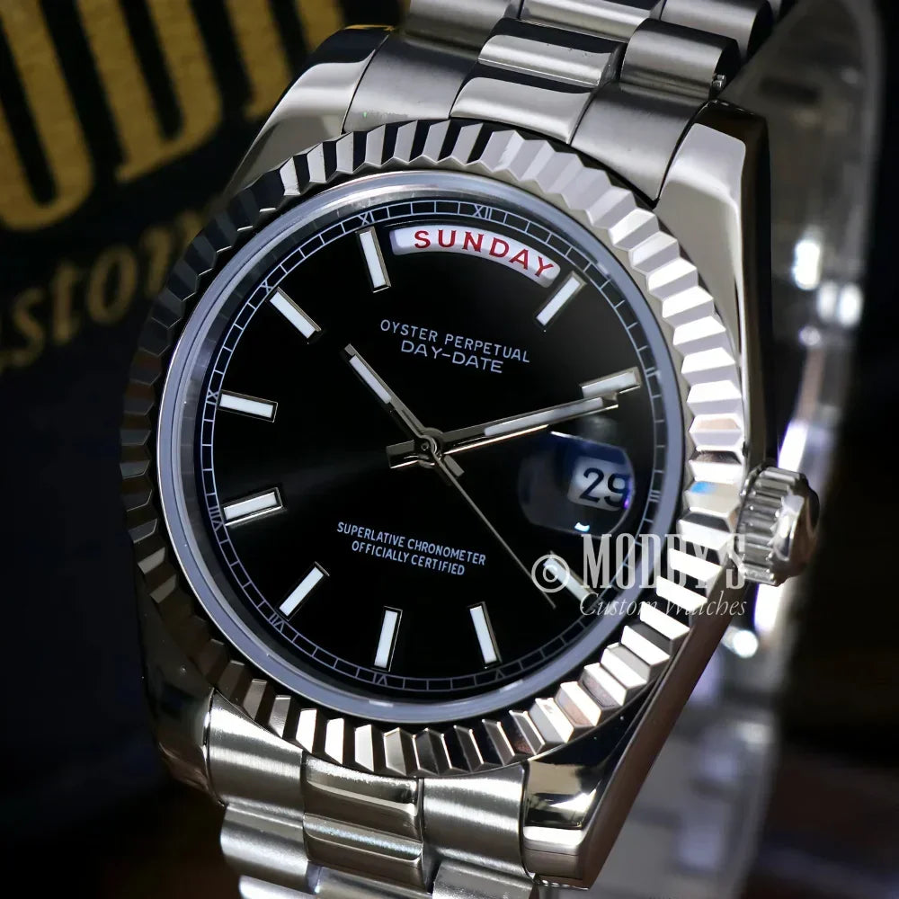 Silver Rolex Day-Date wristwatch featured in Seikojust Daydate Classic Black with 904L stainless steel