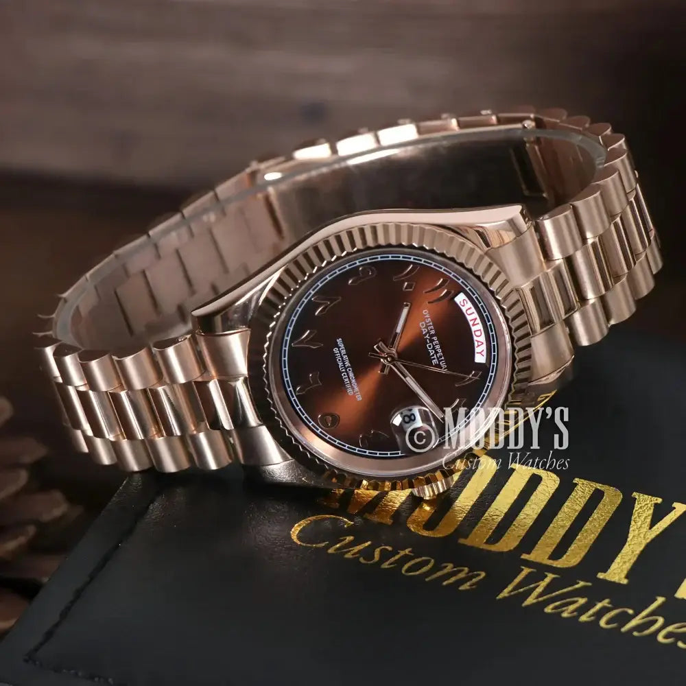 Seikojust Daydate Rose Gold wristwatch with Chocolate Arabic and 904L stainless steel band