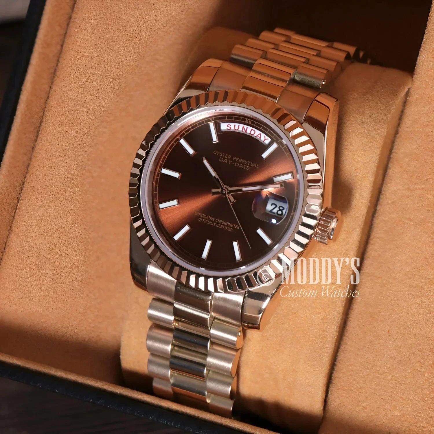 Rose Gold Rolex Day-Date watch in Seikojust Daydate Rose Gold Chocolate design
