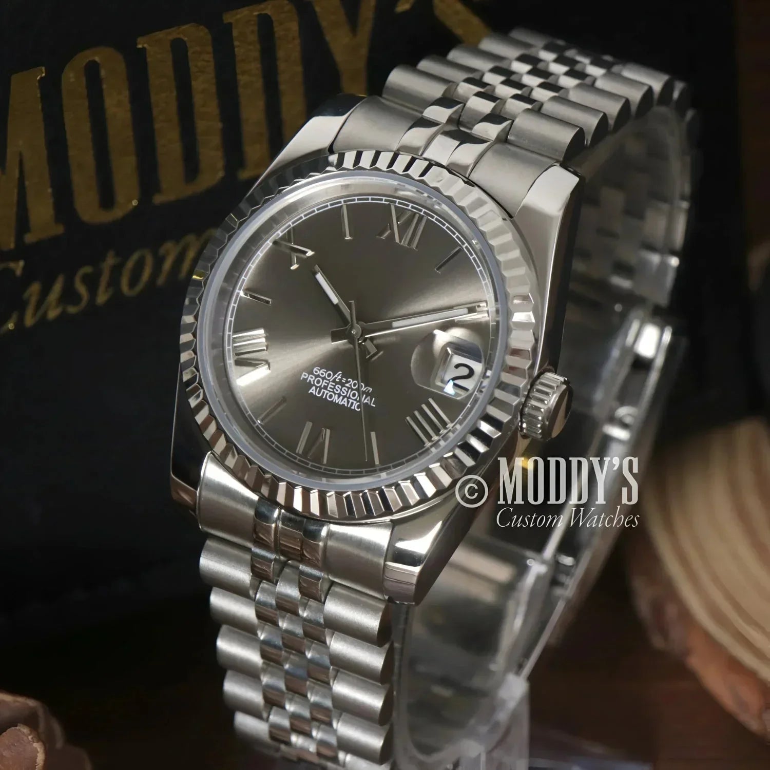 Silver Seikojust Roman Champagne wristwatch with Roman numerals and Seiko NH35 automatic movement