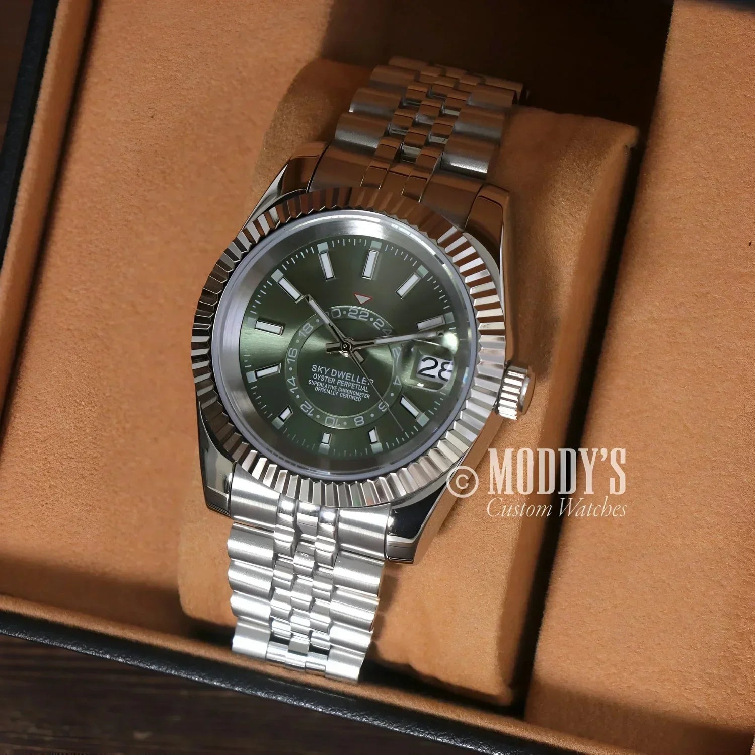 Silver Rolex Sky-Dweller watch featured in Seikojust Sky Dweller Mint Green collection