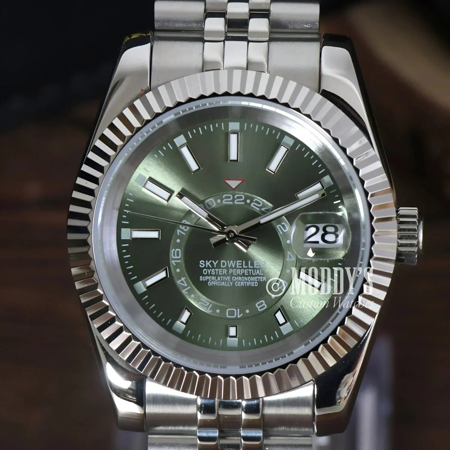 Silver Rolex Sky-Dweller watch with green dial from Seikojust Sky Dweller Mint Green