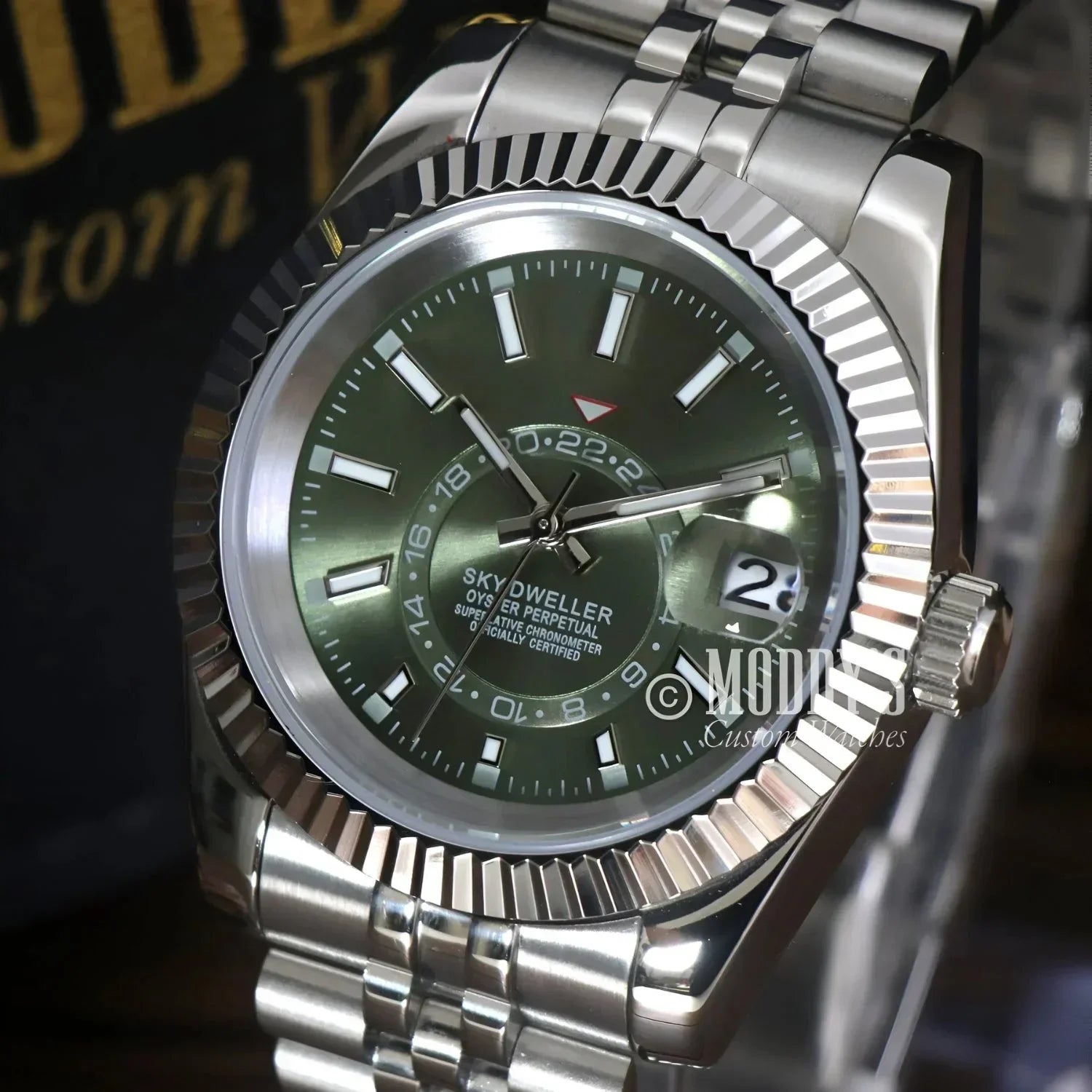 Silver Rolex Sky-Dweller watch with green dial in Seikojust Sky Dweller Mint Green