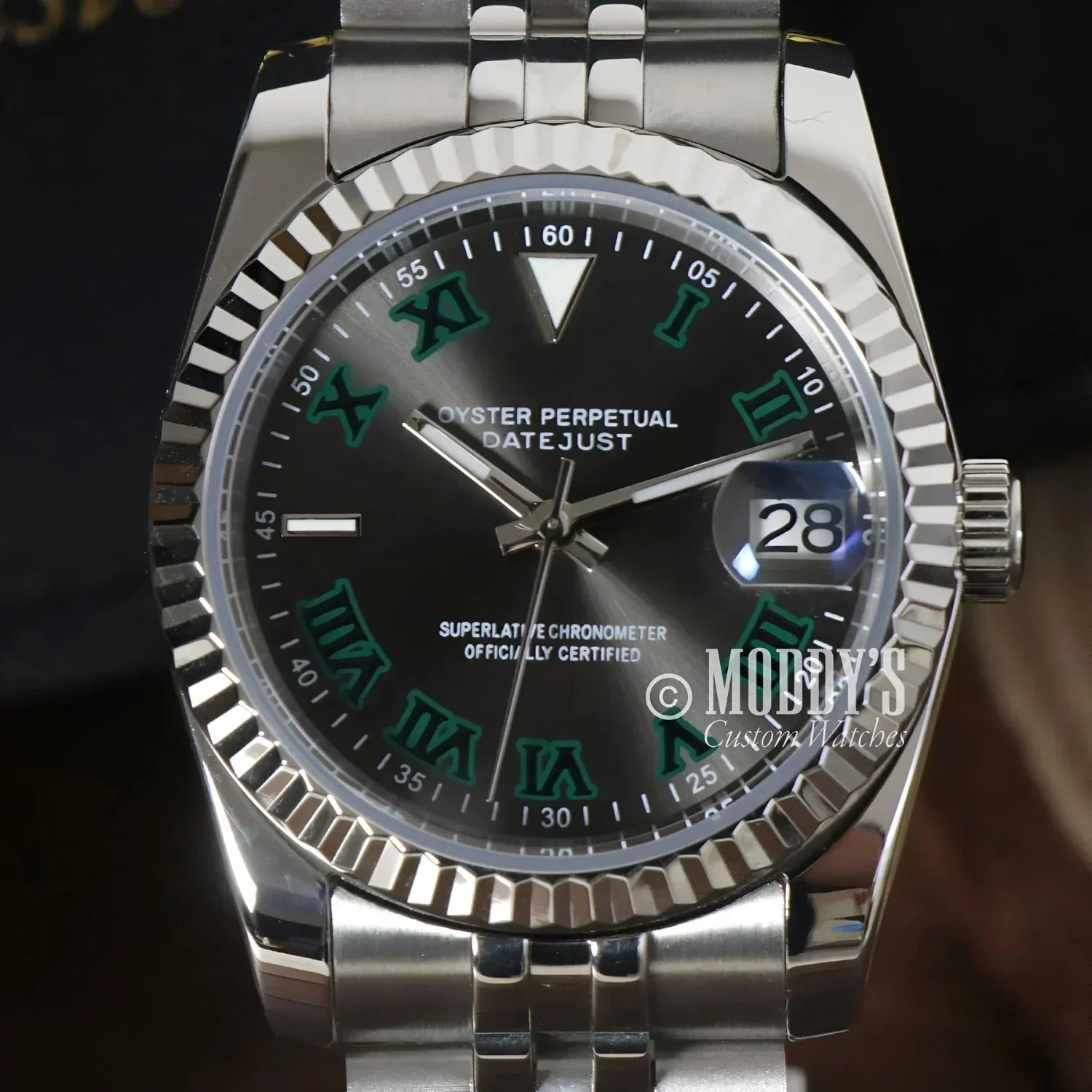 Silver Rolex Oyster Perpetual Datejust watch in Seikojust Wimbledon style with Seiko NH35 automatic