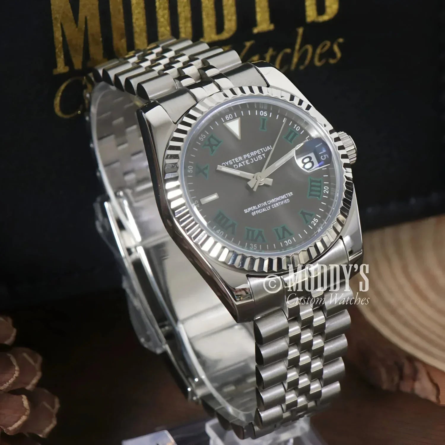 Silver Rolex Datejust wristwatch in Seikojust Wimbledon mod with Seiko NH35 automatic movement