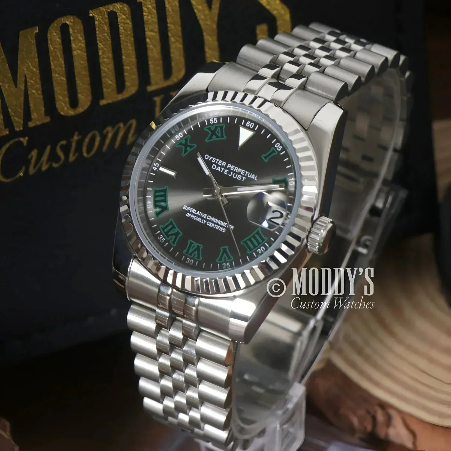 Silver Rolex Oyster Perpetual Datejust watch in Seiko Mod Wimbledon design