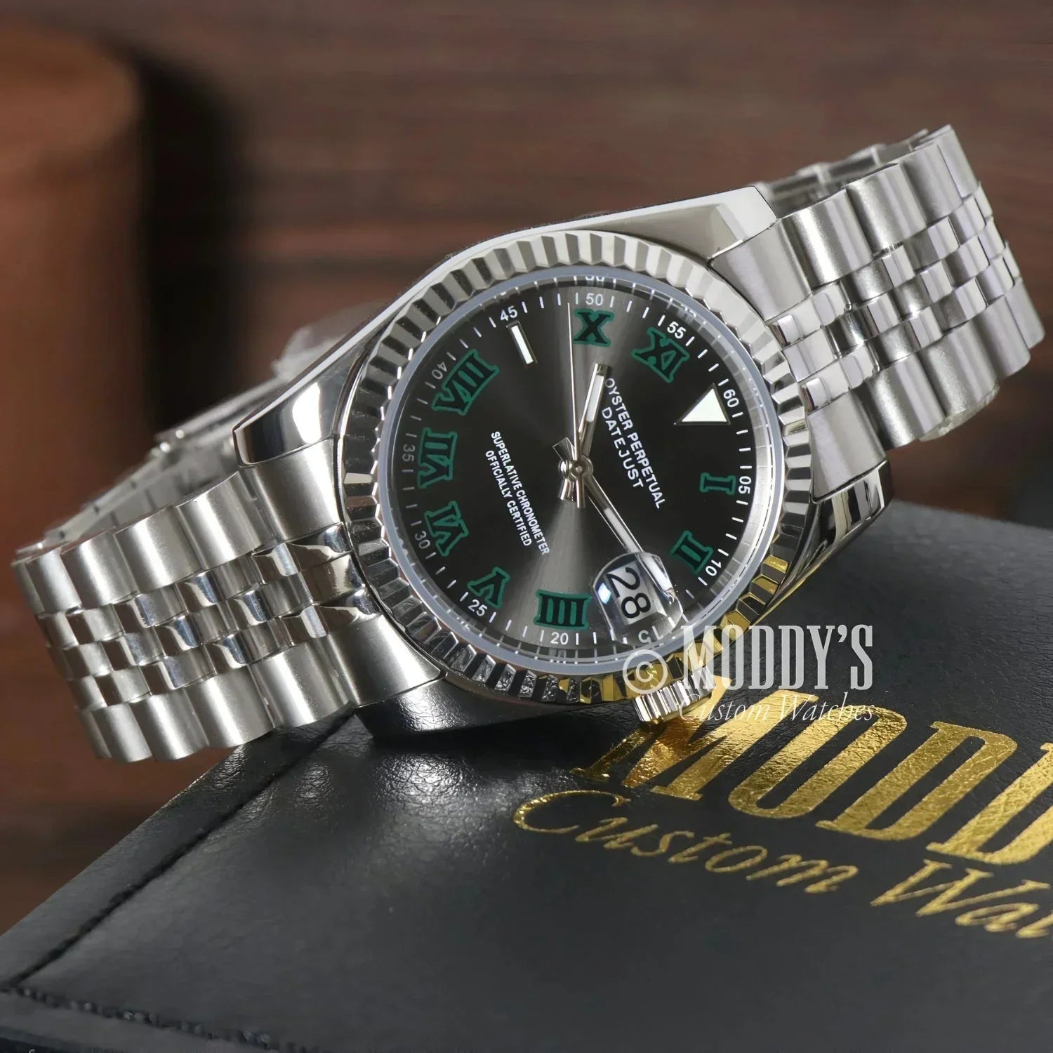 Silver Seikojust Wimbledon wristwatch with green Roman numerals and Seiko NH35 automatic