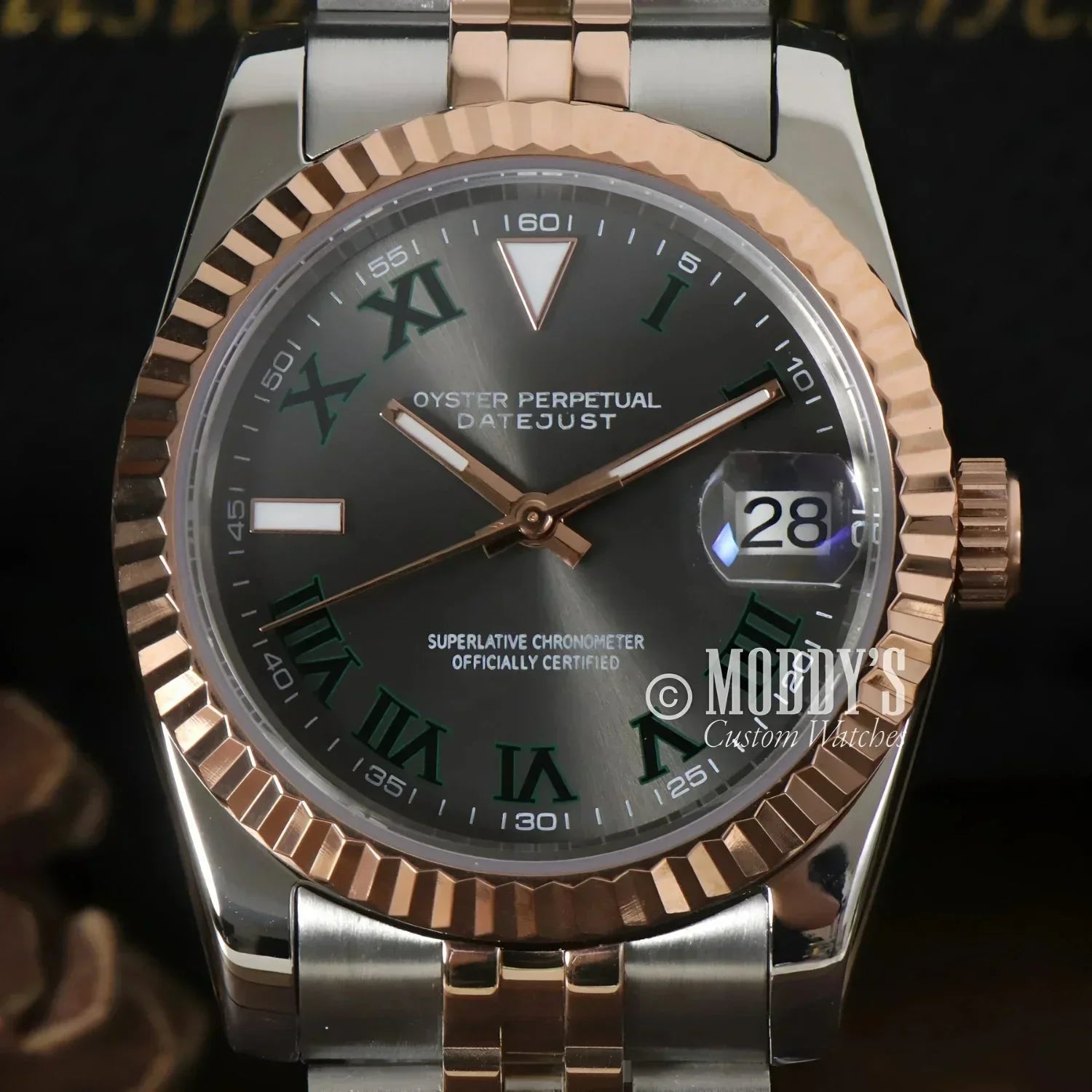 Two-tone Rolex Datejust watch showcased in Seikojust Wimbledon Seiko mod design