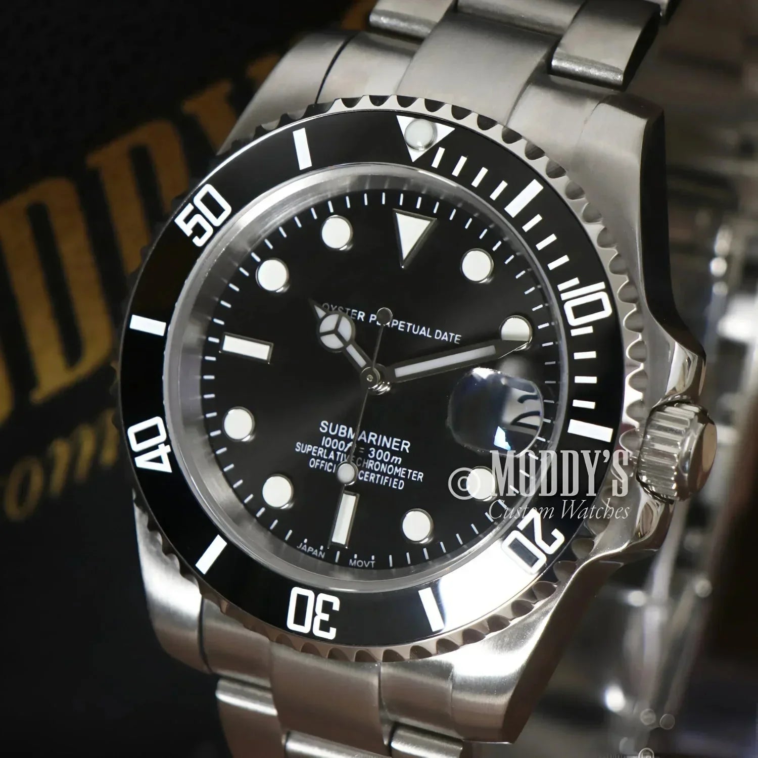 Silver Rolex Submariner watch in Seikomariner Black, featuring NH35 automatic movement