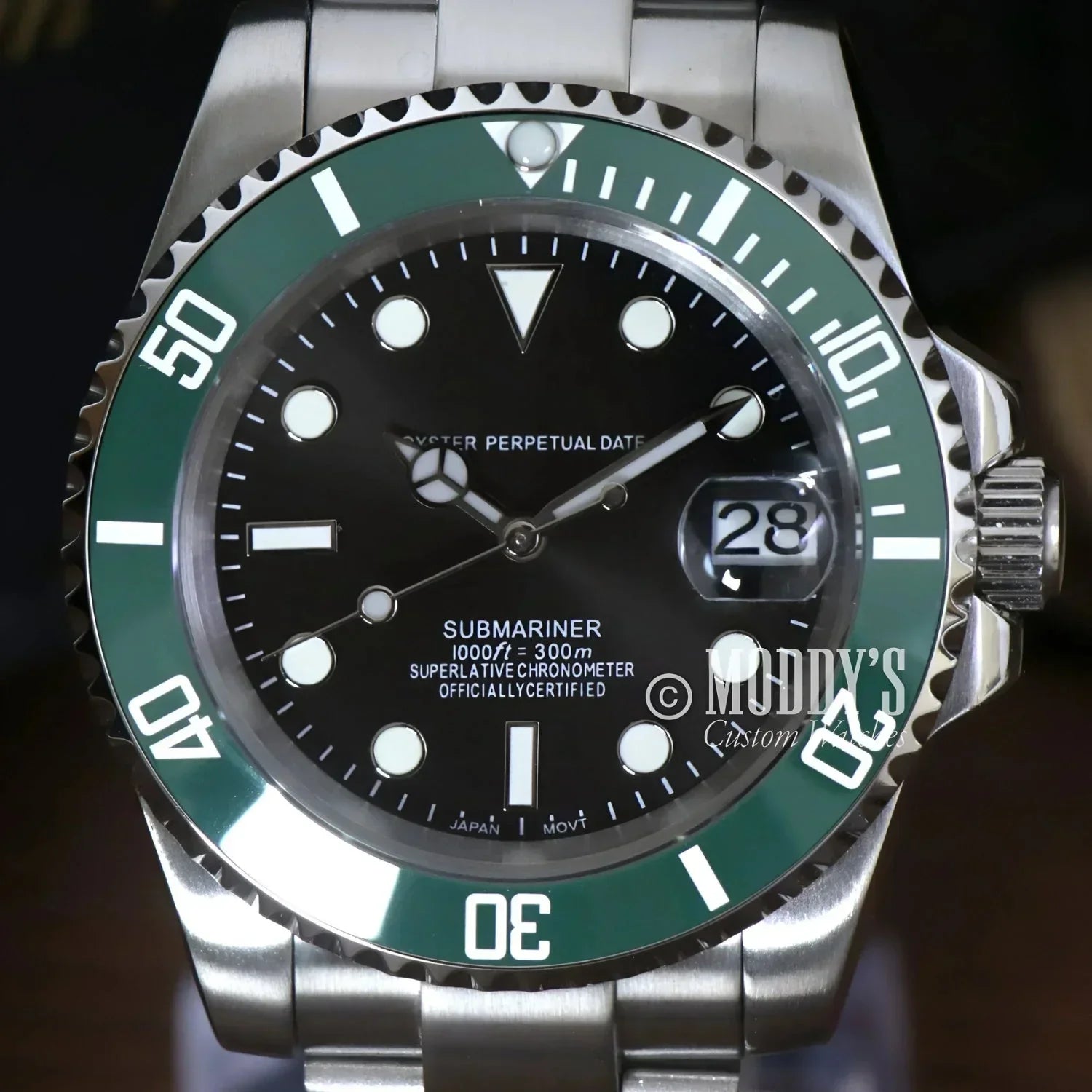 Silver and green Submariner wristwatch Seikomariner Kermit Seiko mod submariner design