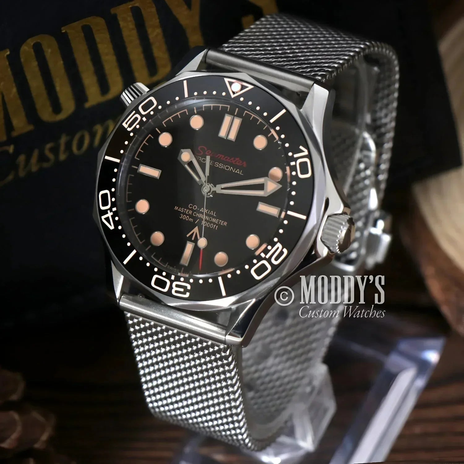 Silver wristwatch with black face, Seikomaster James Bond 007, featuring NH35 automatic movement