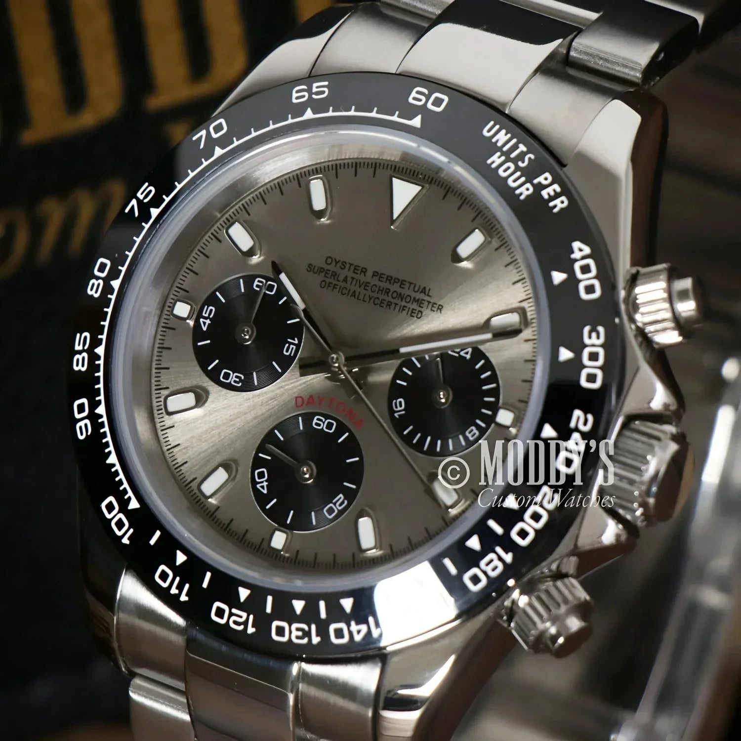 Silver Rolex Daytona wristwatch showcased in Seitona Champagne with Seiko VK63 hybrid movement