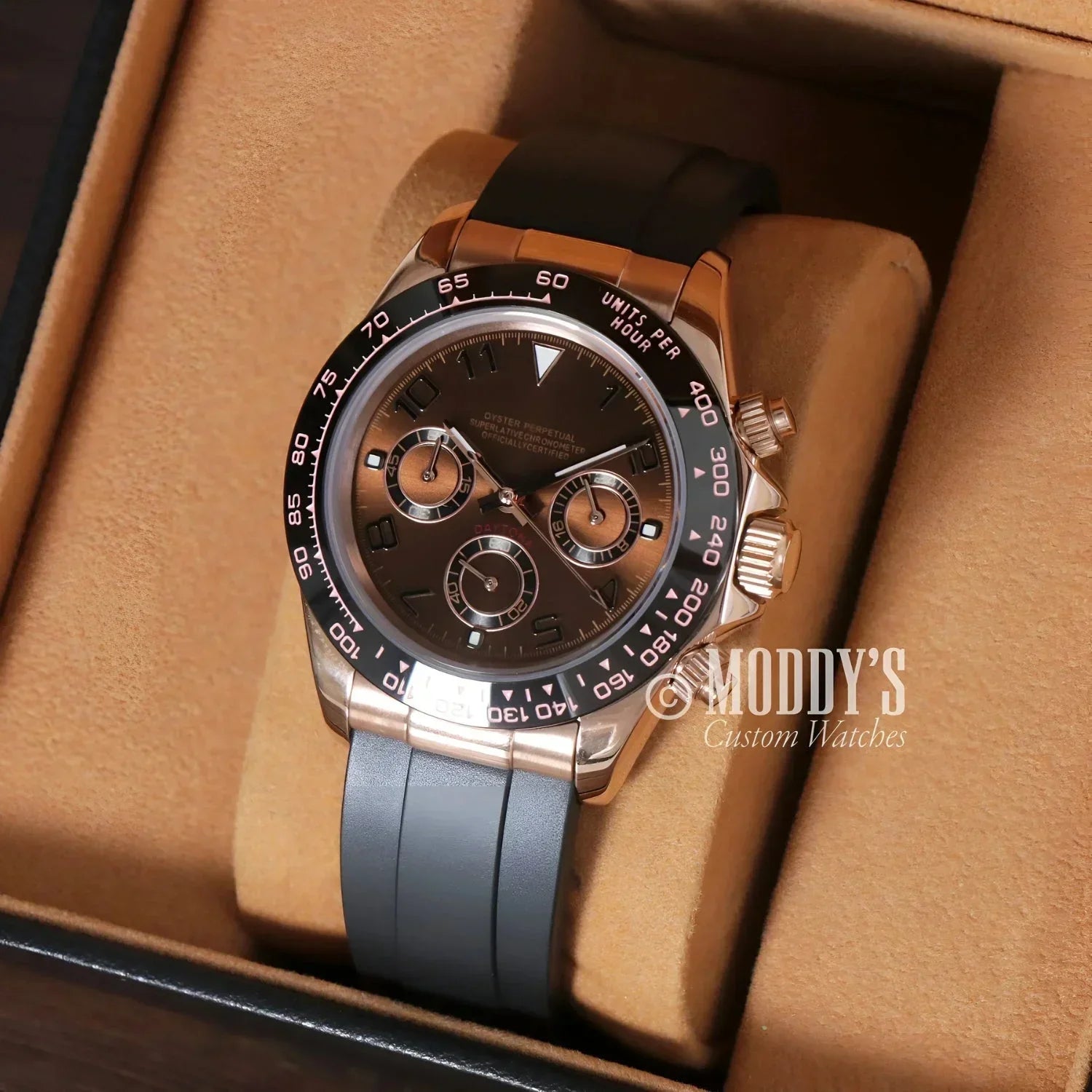 Rose gold chronograph wristwatch with black bezel, gray band, featuring Seiko VK63 hybrid movement