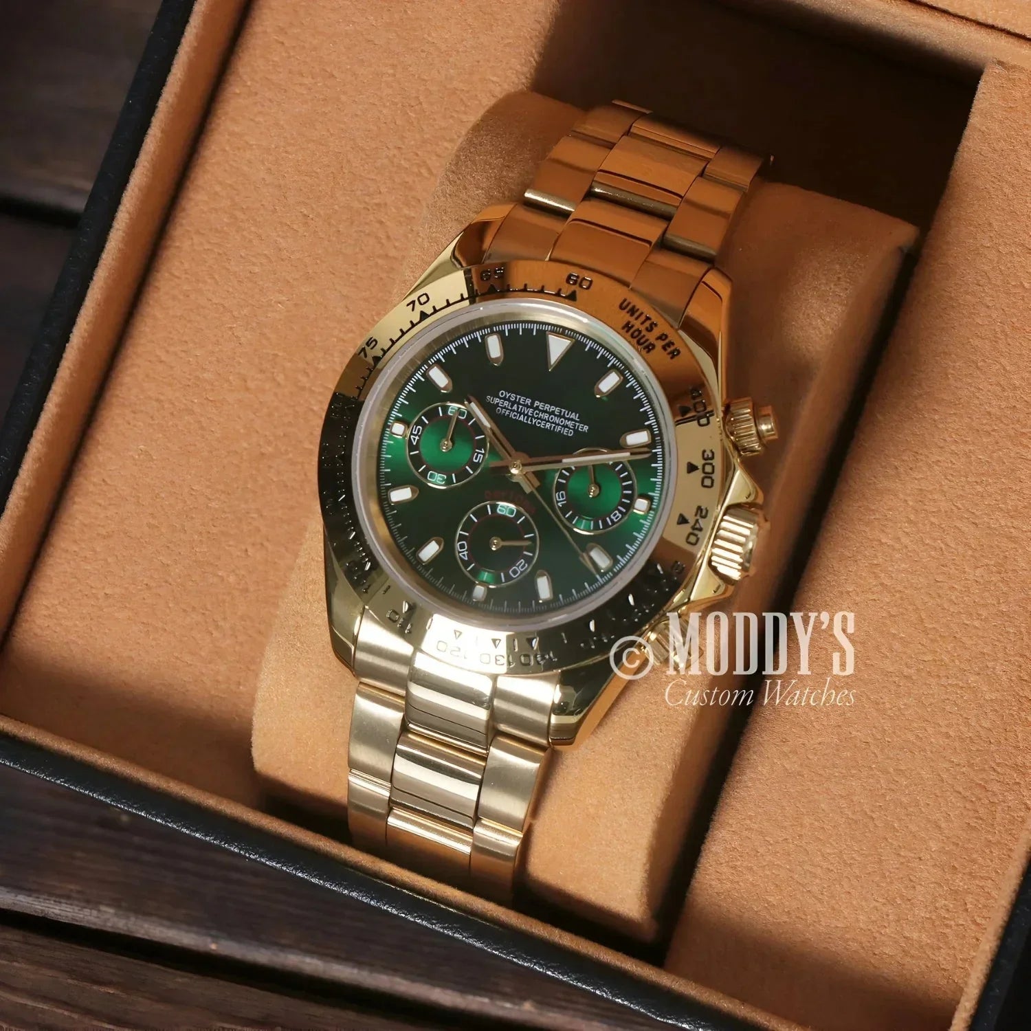 Gold chronograph wristwatch from Seitona featuring VK63 hybrid movement and green accents