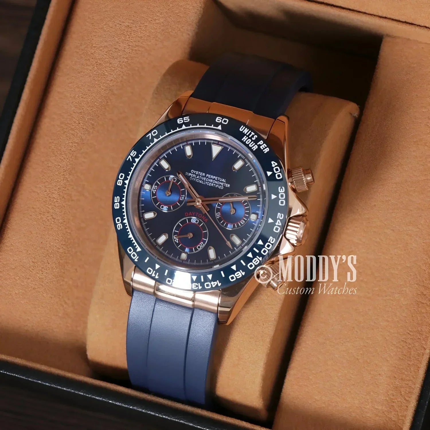Rose gold chronograph wristwatch Seitona Royal Blue with Seiko VK63 hybrid movement