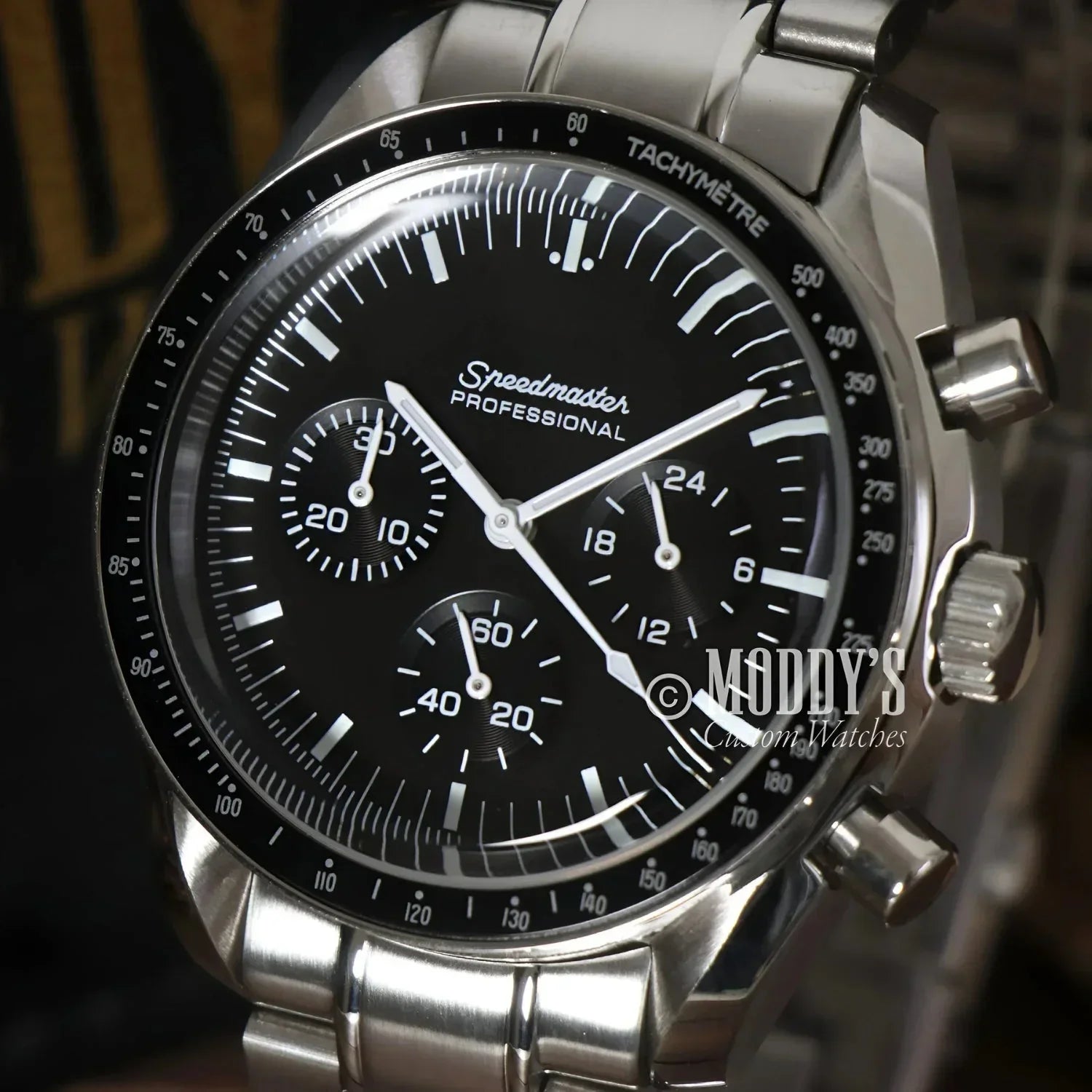 Silver Omega Speedmaster watch in Speedseiko Black with VK63 hybrid movement