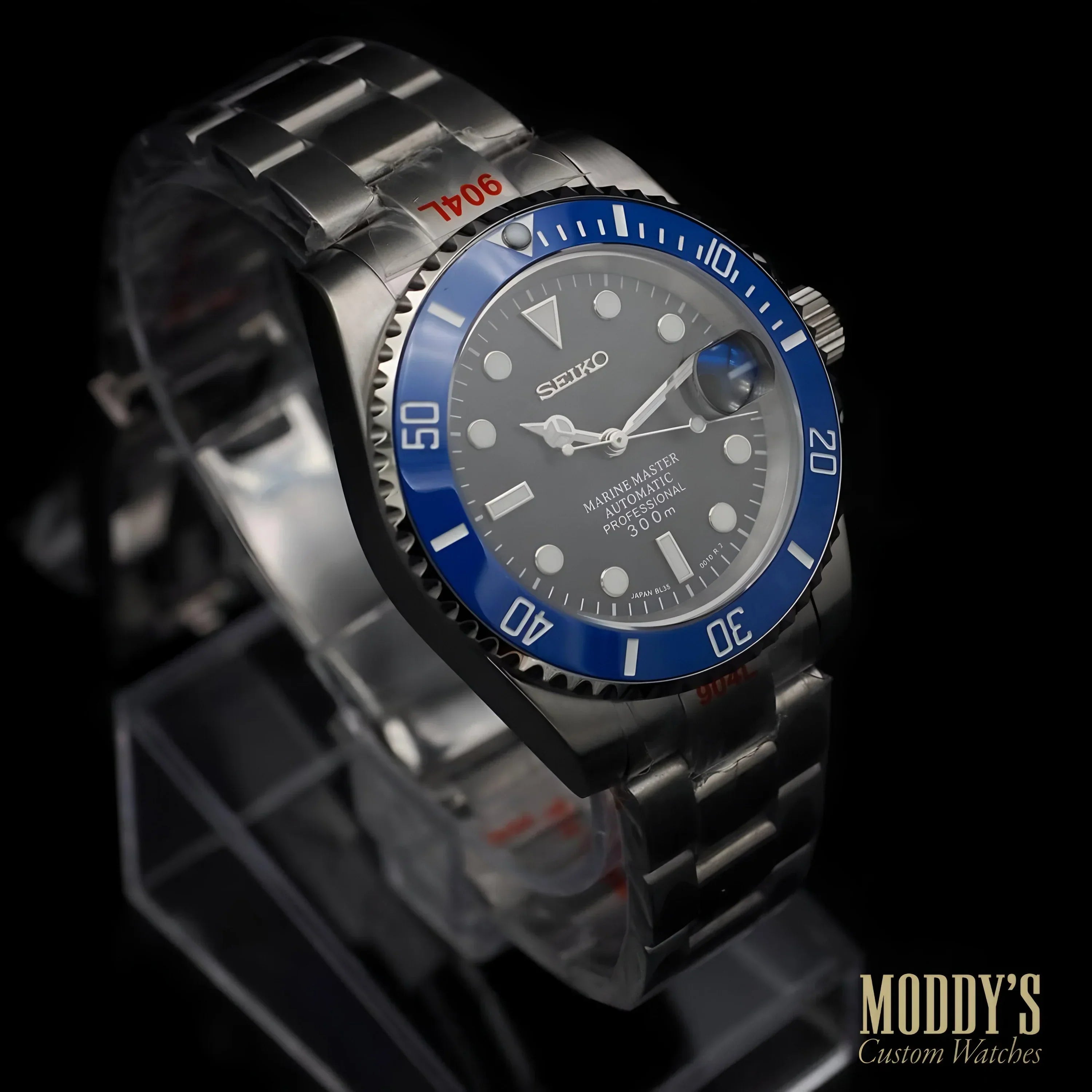 Seiko mod Submariner GMT with silver case, blue bezel, gray dial