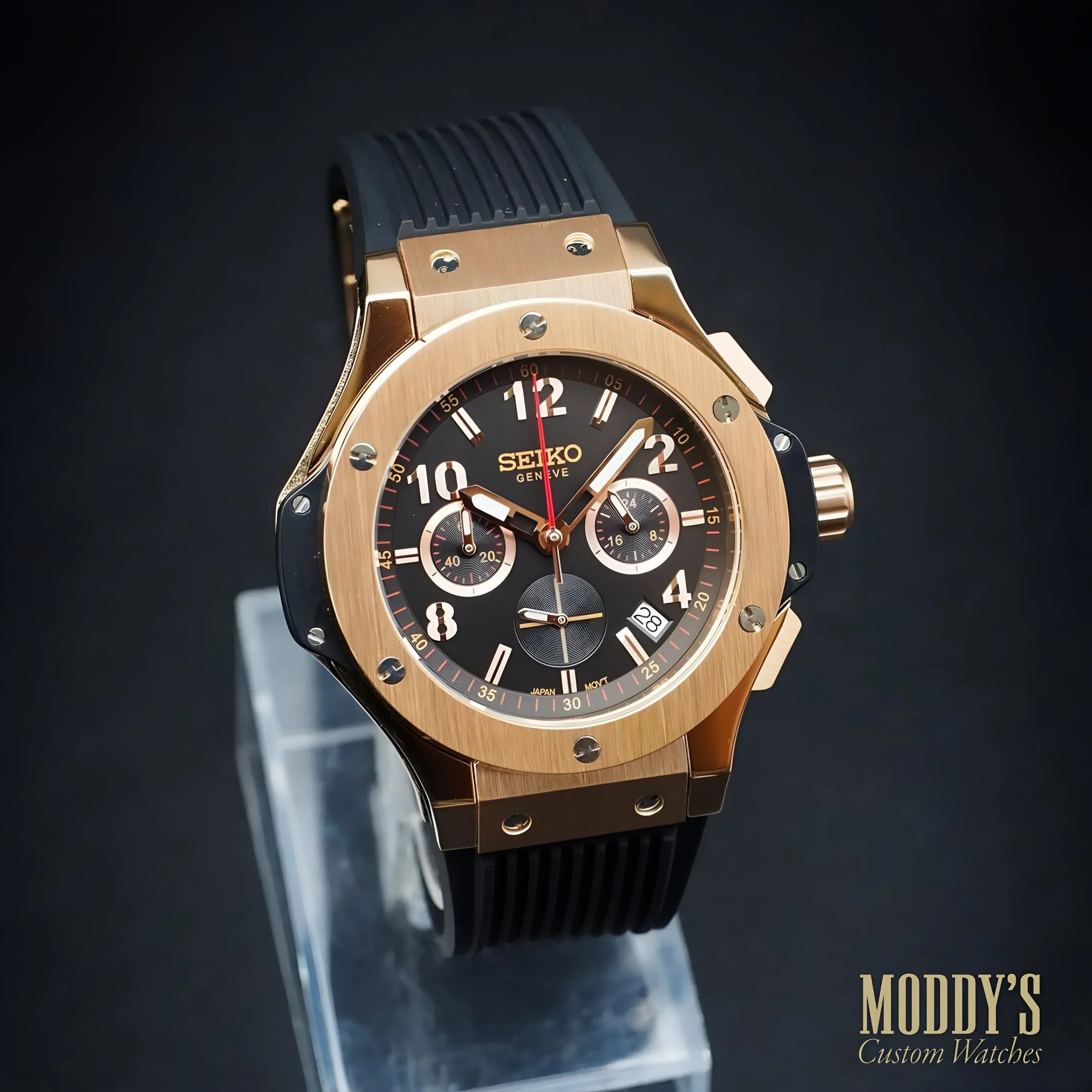 Rose gold Seiko Genève chronograph with black dial at Moddys Seiko mods store