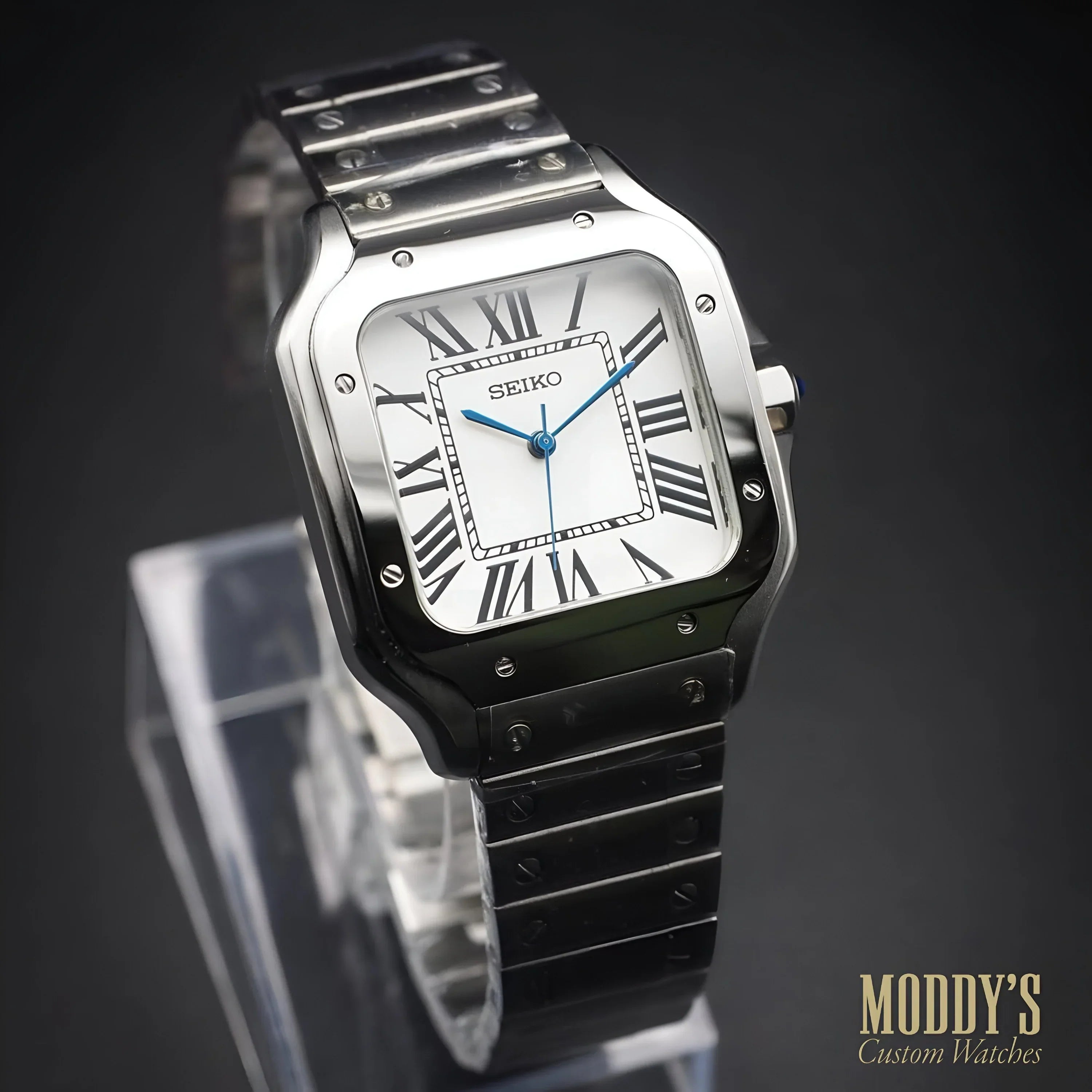 Seiko mod Santos silver square watch with black Roman dial, blue hands